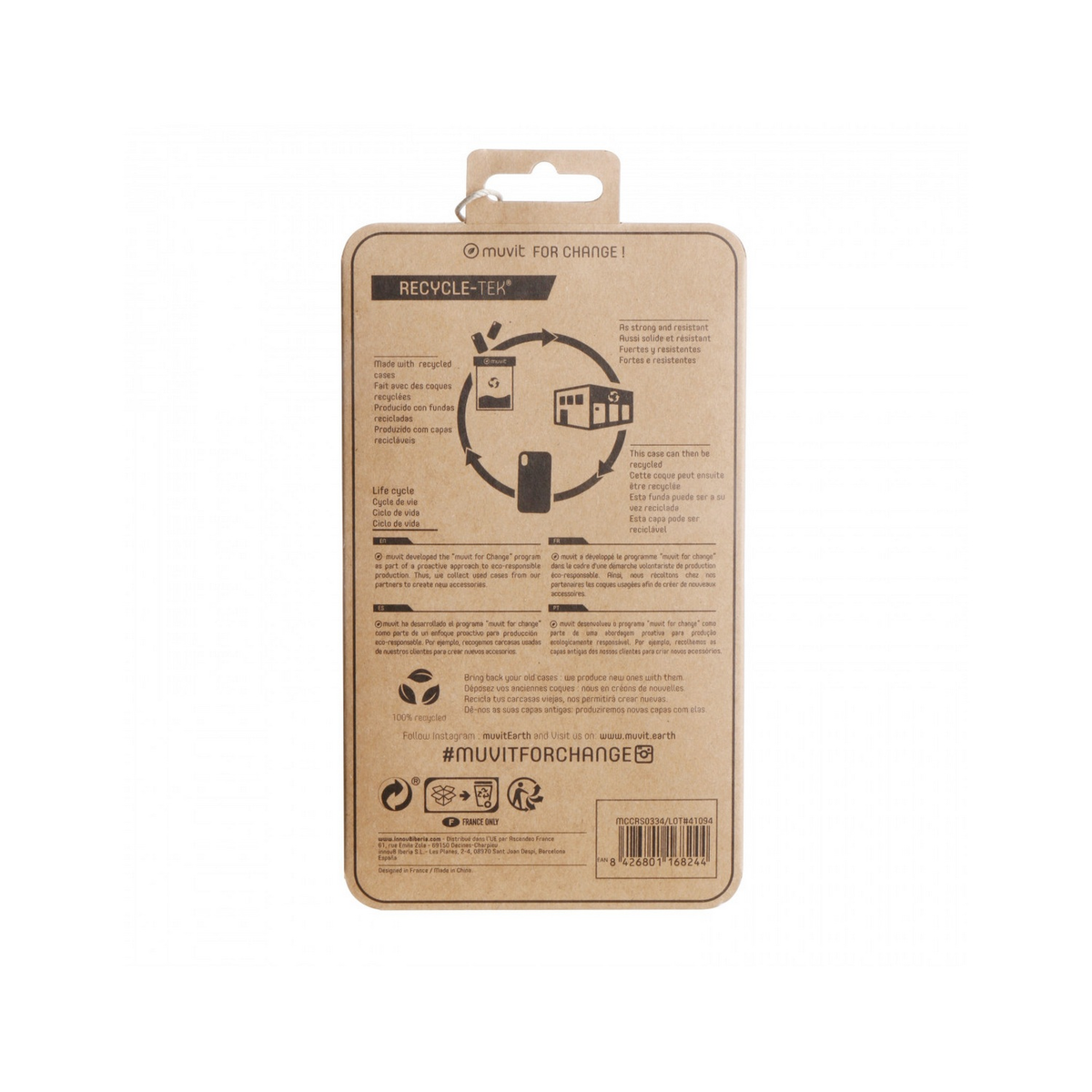 Parte trasera del embalaje de una funda para teléfono, con texto e ilustraciones sobre reciclaje.