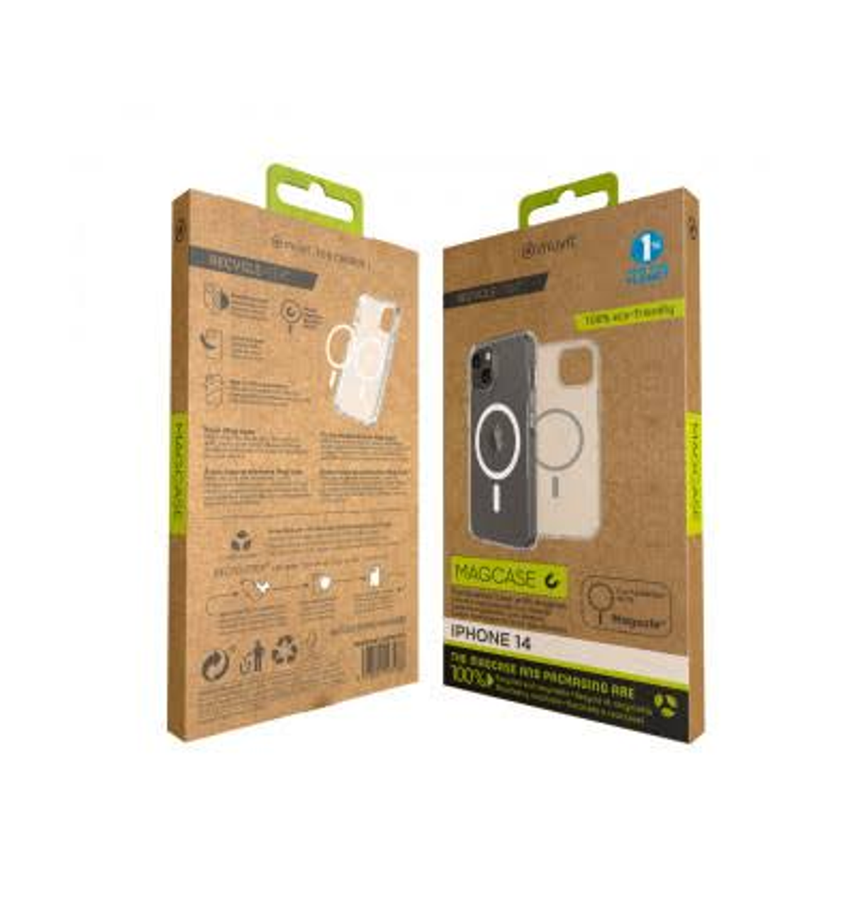 Dos cajas marrones con fundas de teléfono dentro. Una caja muestra una imagen de la funda.