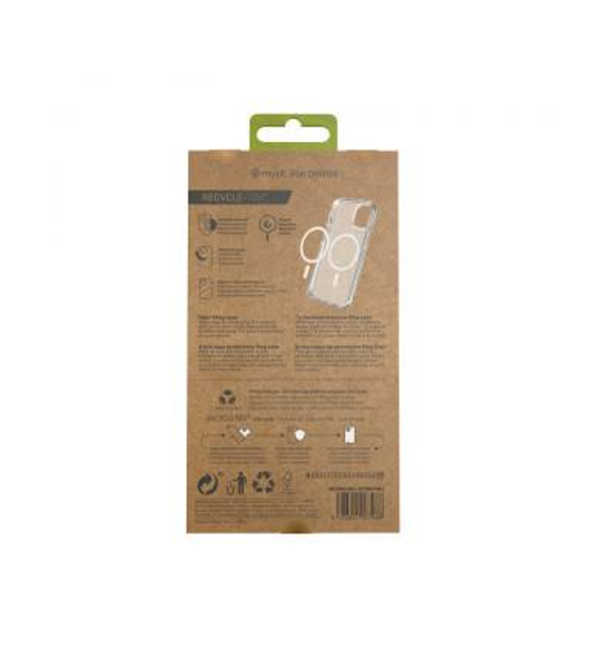 Embalaje de funda de teléfono de cartón marrón con una funda transparente visible a través del frente.