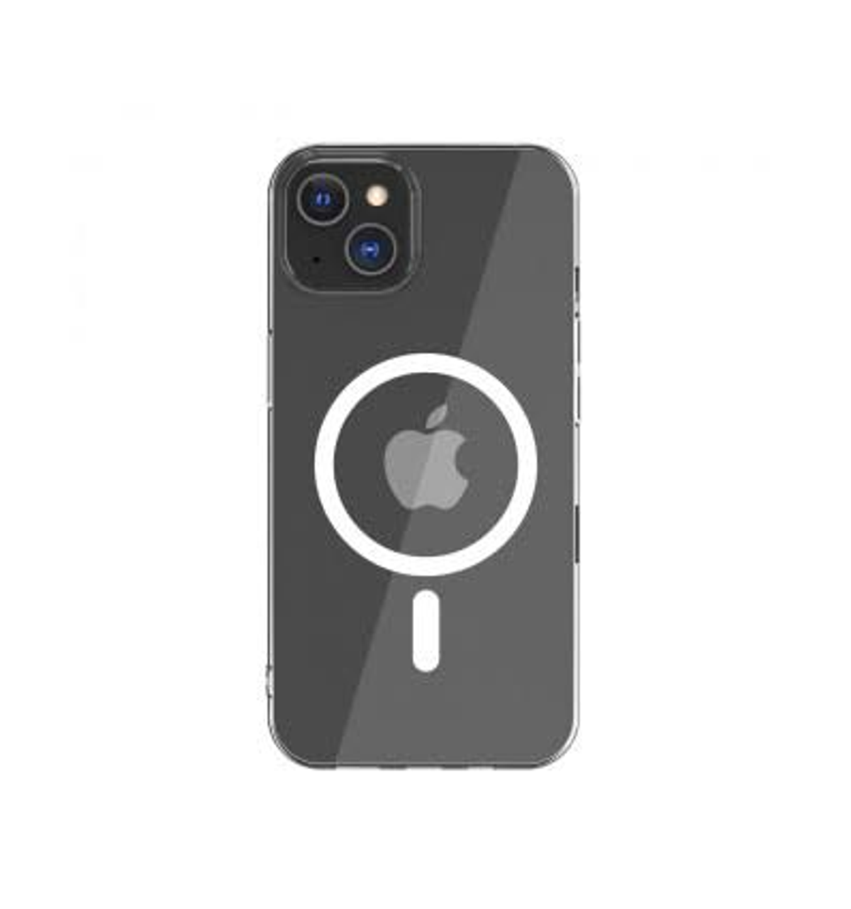 Una funda transparente para teléfono con un círculo y el logo de Apple.