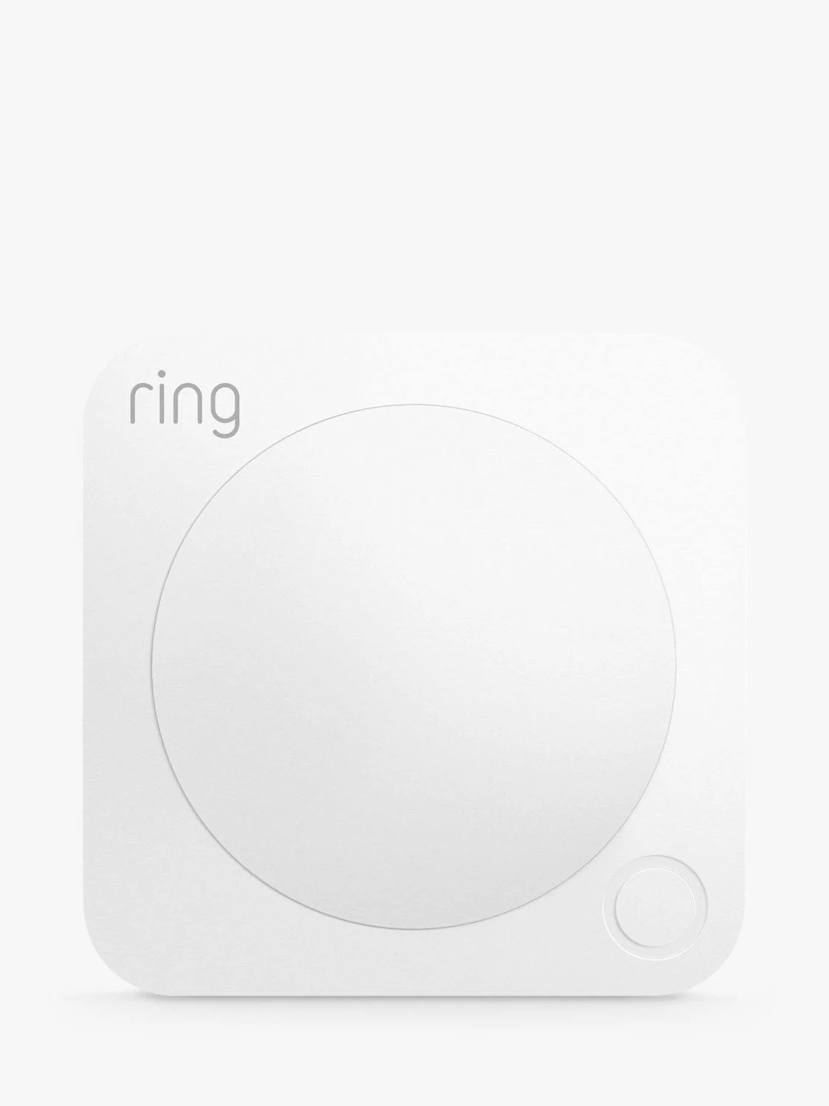 Dispositivo Ring blanco. Cuadrado con un diseño circular. El logotipo es visible.