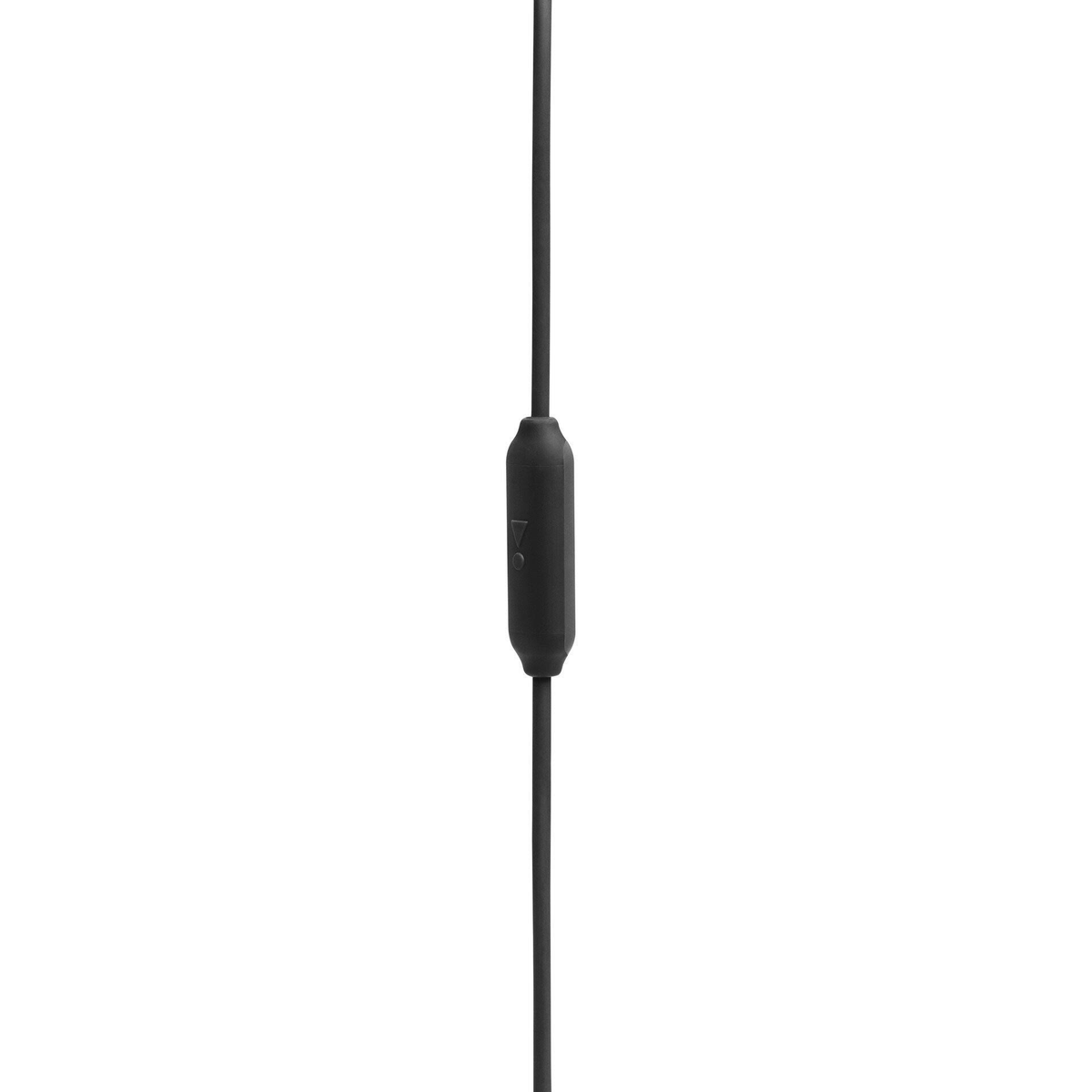 Cavo audio nero con telecomando in linea. Il telecomando ha un singolo pulsante di controllo.