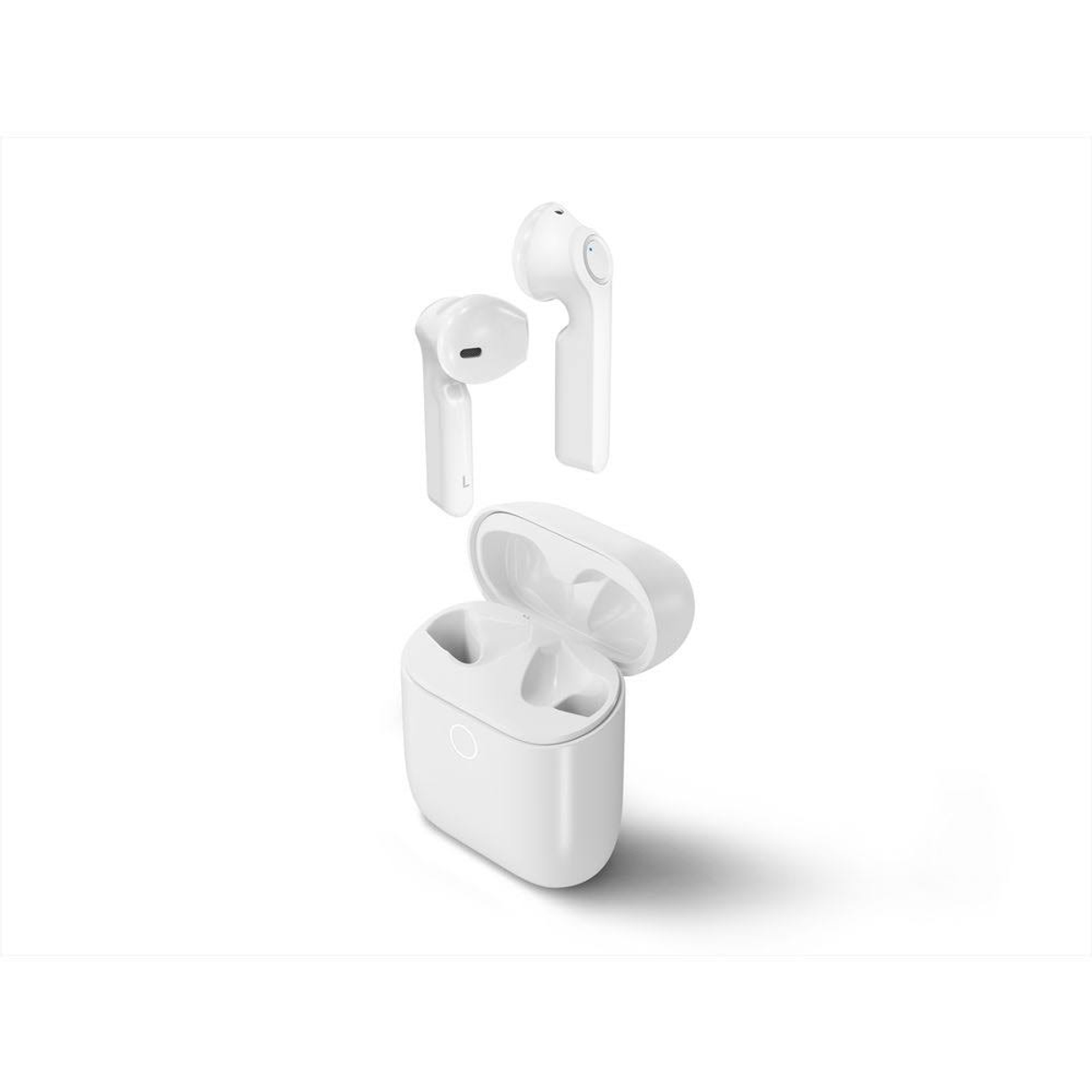 Auricolari bianchi e custodia di ricarica su sfondo bianco. Gli auricolari sono wireless e hanno un design elegante.