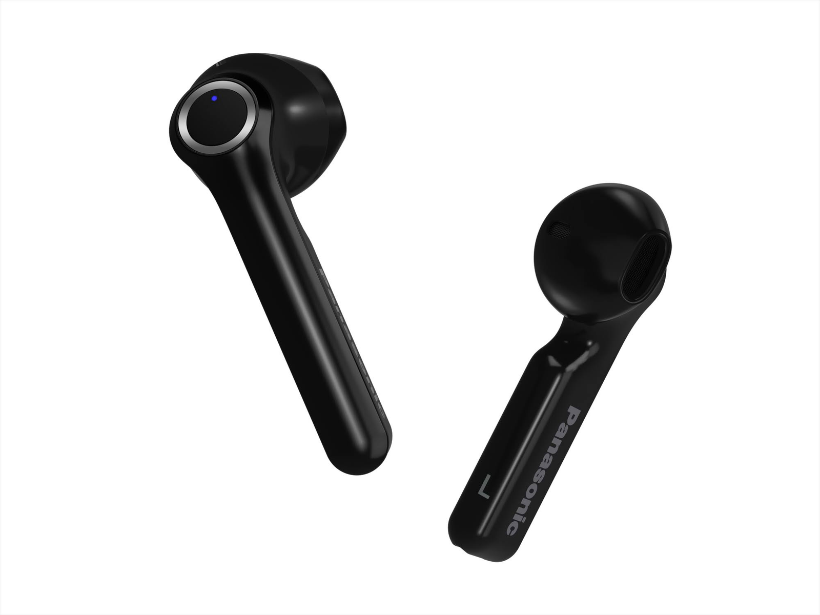 Due auricolari wireless neri. Uno ha una luce blu e l'altro la lettera 'L'.