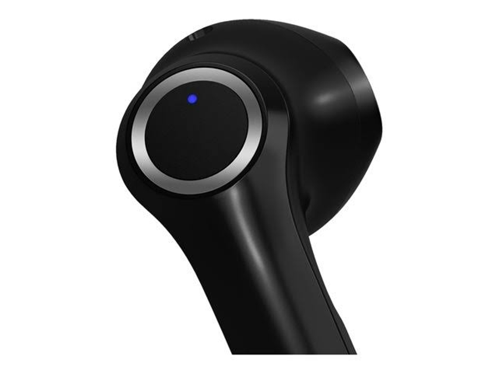 Primo piano di un auricolare nero. Una luce blu è visibile all'interno di un anello argentato.