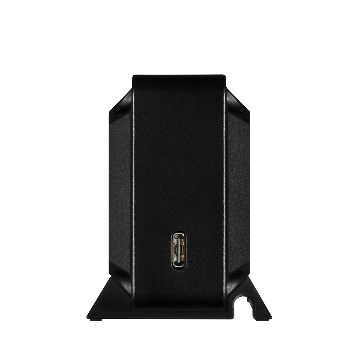 Czarne urządzenie do ładowania z portem USB-C z przodu i podstawką.