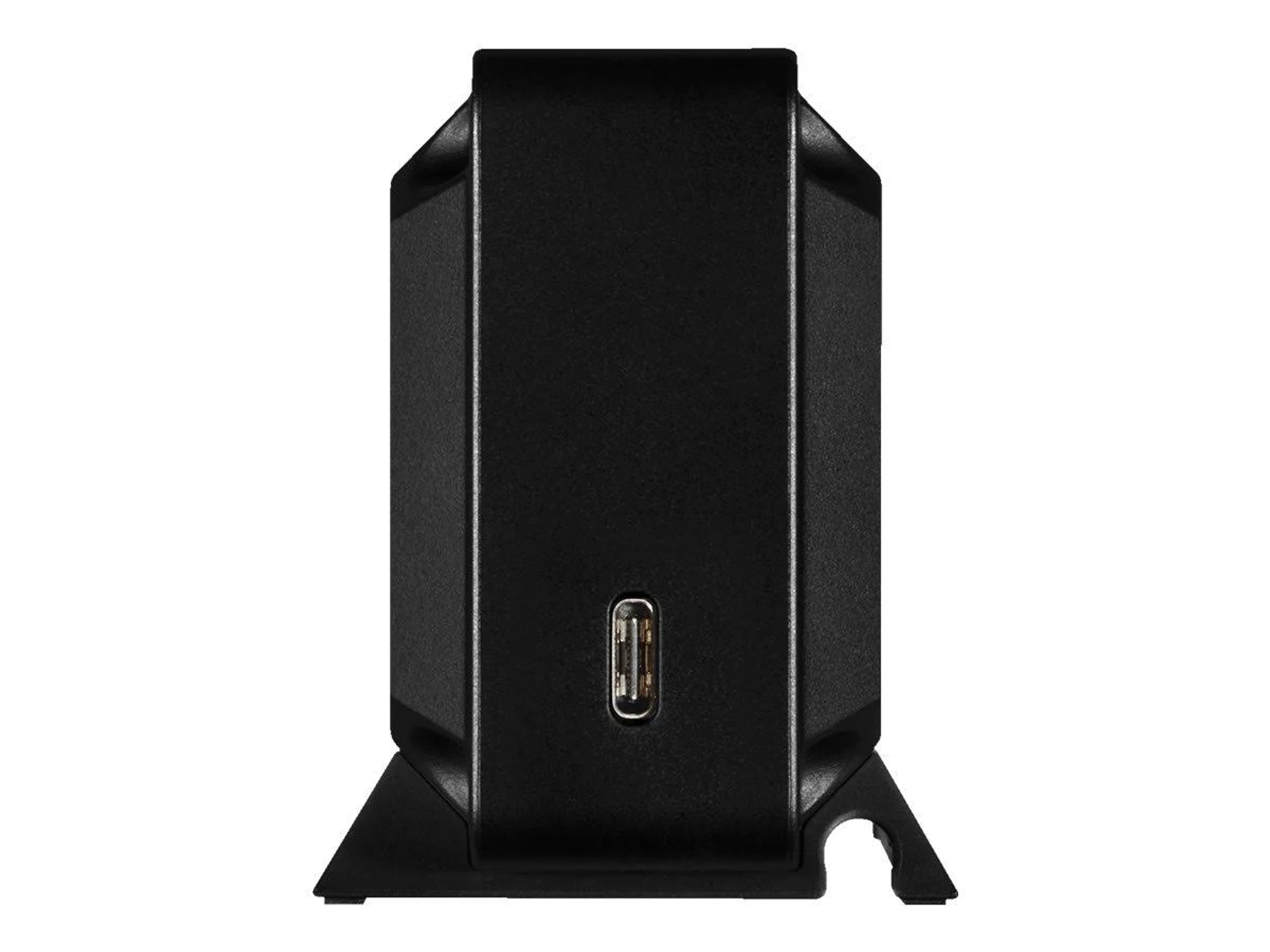 Dispositivo nero, porta USB-C. Ha un piccolo supporto nella parte inferiore e una superficie liscia.