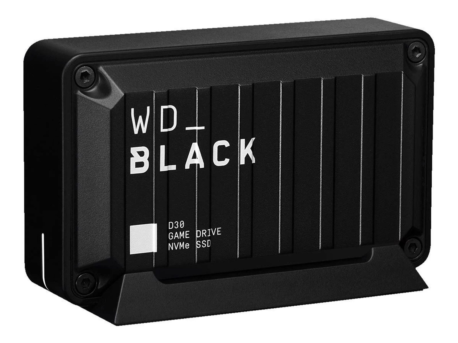 Disco rigido esterno WD_BLACK nero con linee verticali e marchio WD_BLACK.