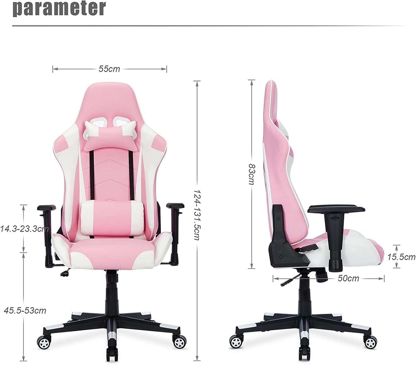 Rosa-weißer Gaming-Stuhl mit Maßen und Abmessungen.
