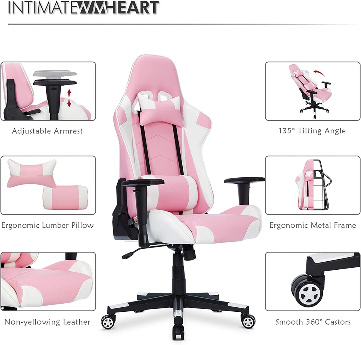 Rosa-weißer Gaming-Stuhl mit verstellbaren Armlehnen, ergonomischen Kissen und glatten Rollen.