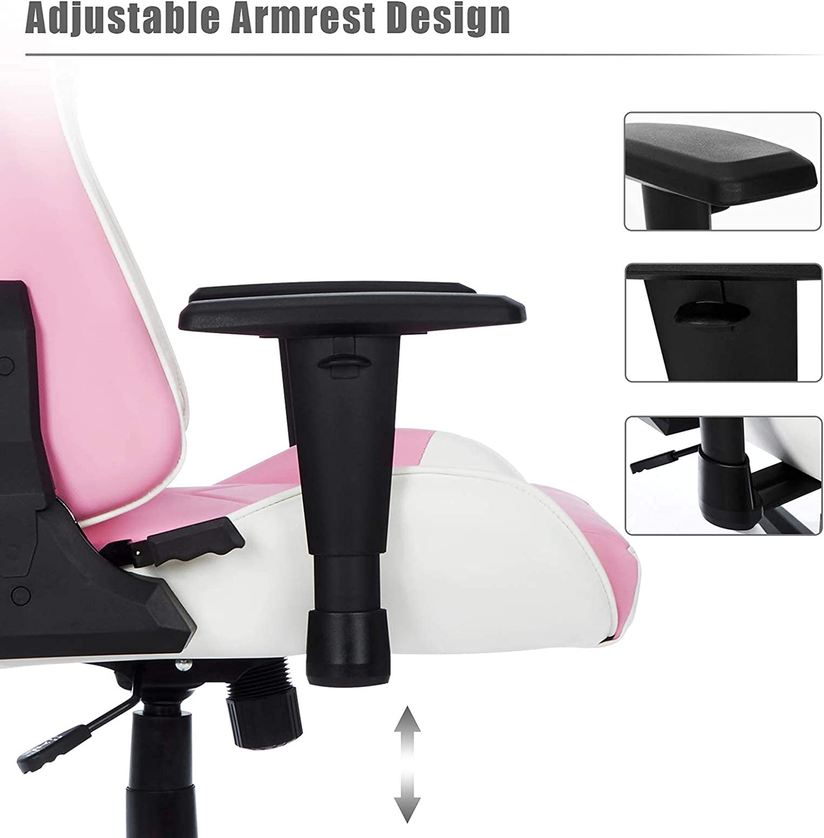 Pinker und weißer Gaming-Stuhl mit verstellbaren Armlehnen. Nahaufnahme der Armlehnen.