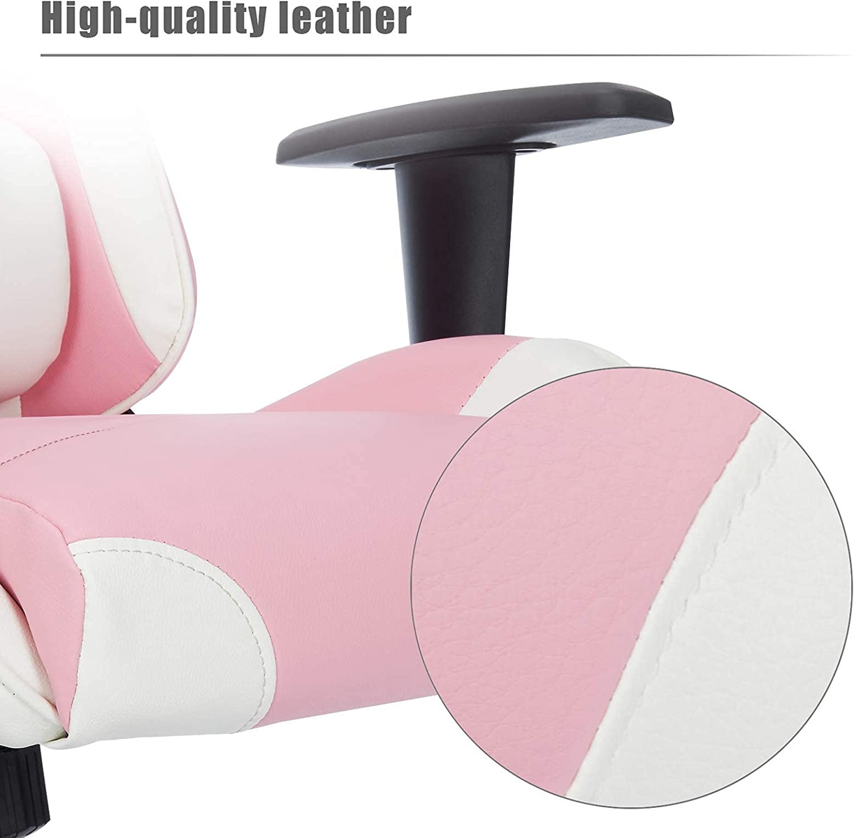 Nahaufnahme eines rosa-weißen Gaming-Stuhls mit hochwertigem Lederdetail in einem Kreis.