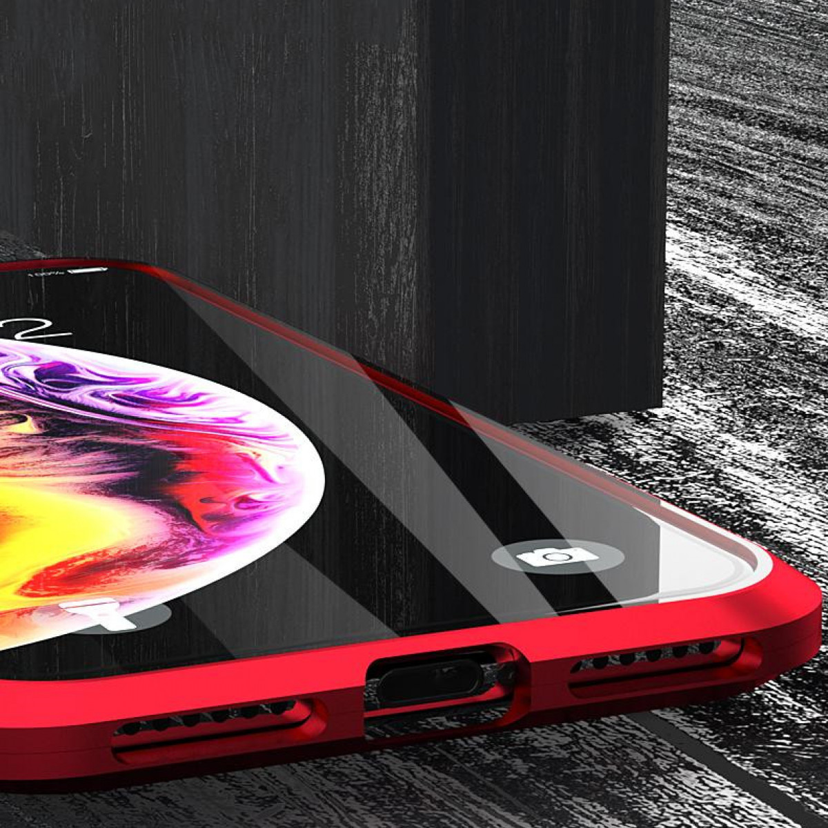 Rote Handyhülle mit Glasabdeckung. Ein Telefonbildschirm ist sichtbar.