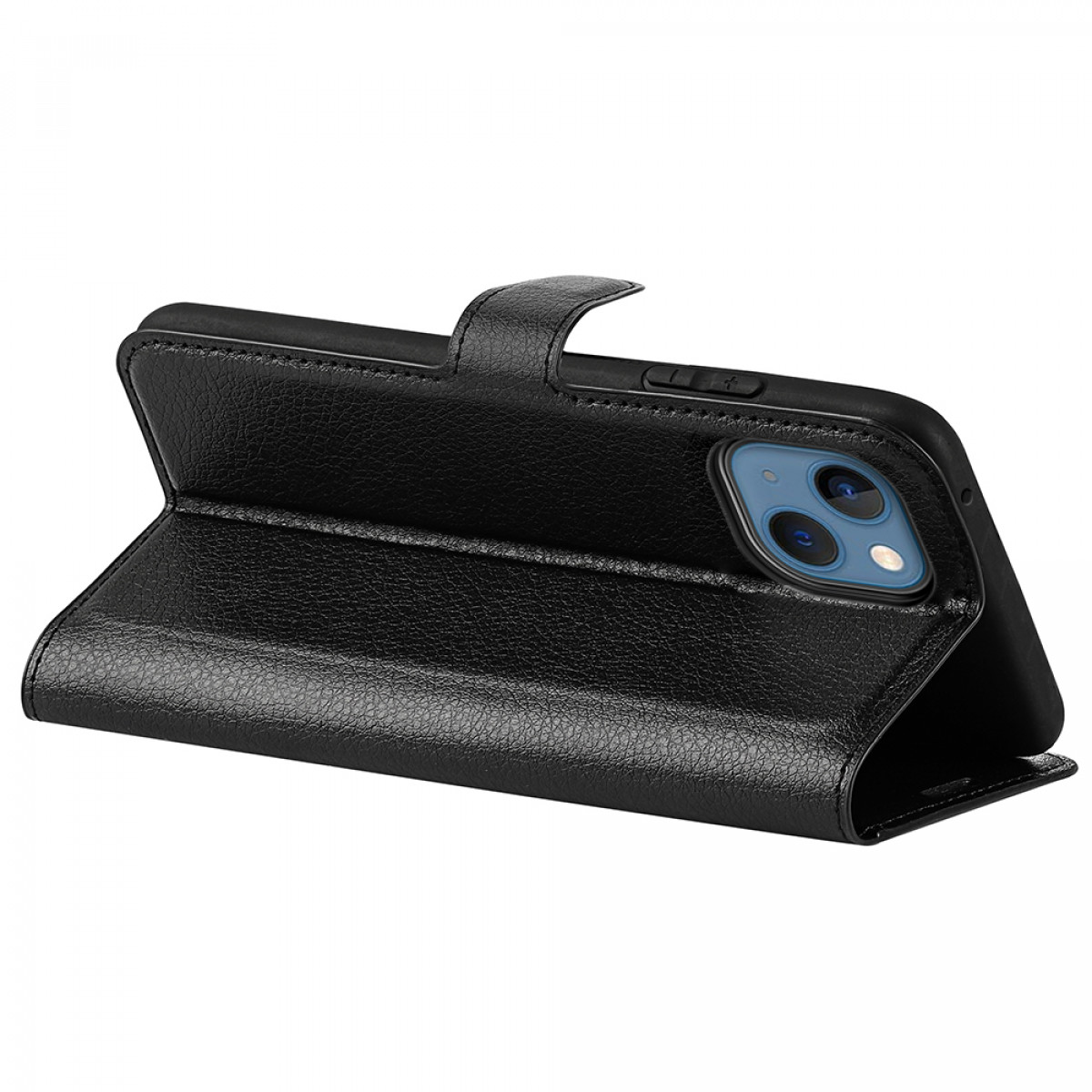 Geöffnete schwarze Leder-Handyhülle, die ein Telefon zeigt. Die Hülle hat einen Riemen.