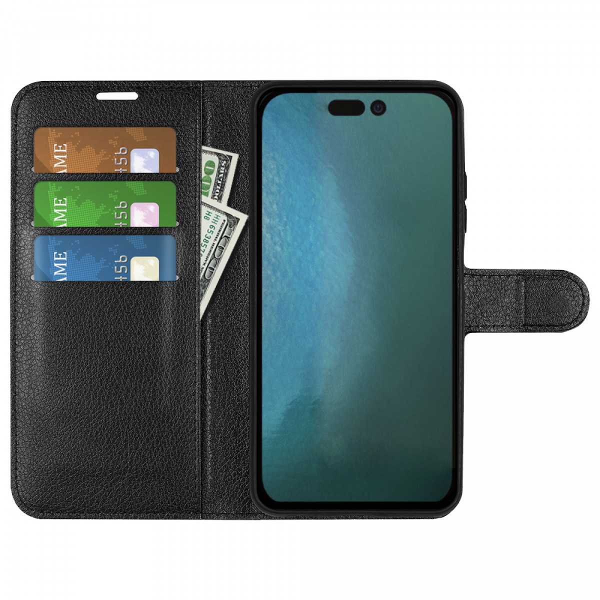 Geöffnete schwarze Leder-Handyhülle mit Schlitzen für Kreditkarten und einem Bündel Dollarscheine.
