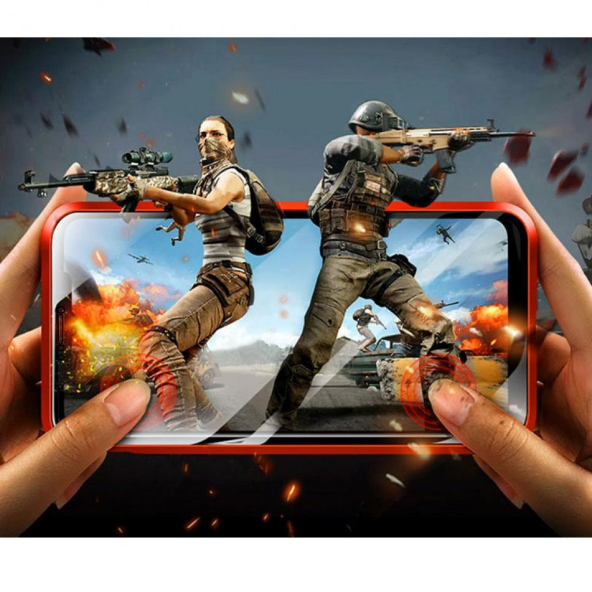 Ein Telefon, das ein Spiel mit zwei Soldaten und Explosionen anzeigt. Von zwei Händen gehalten.