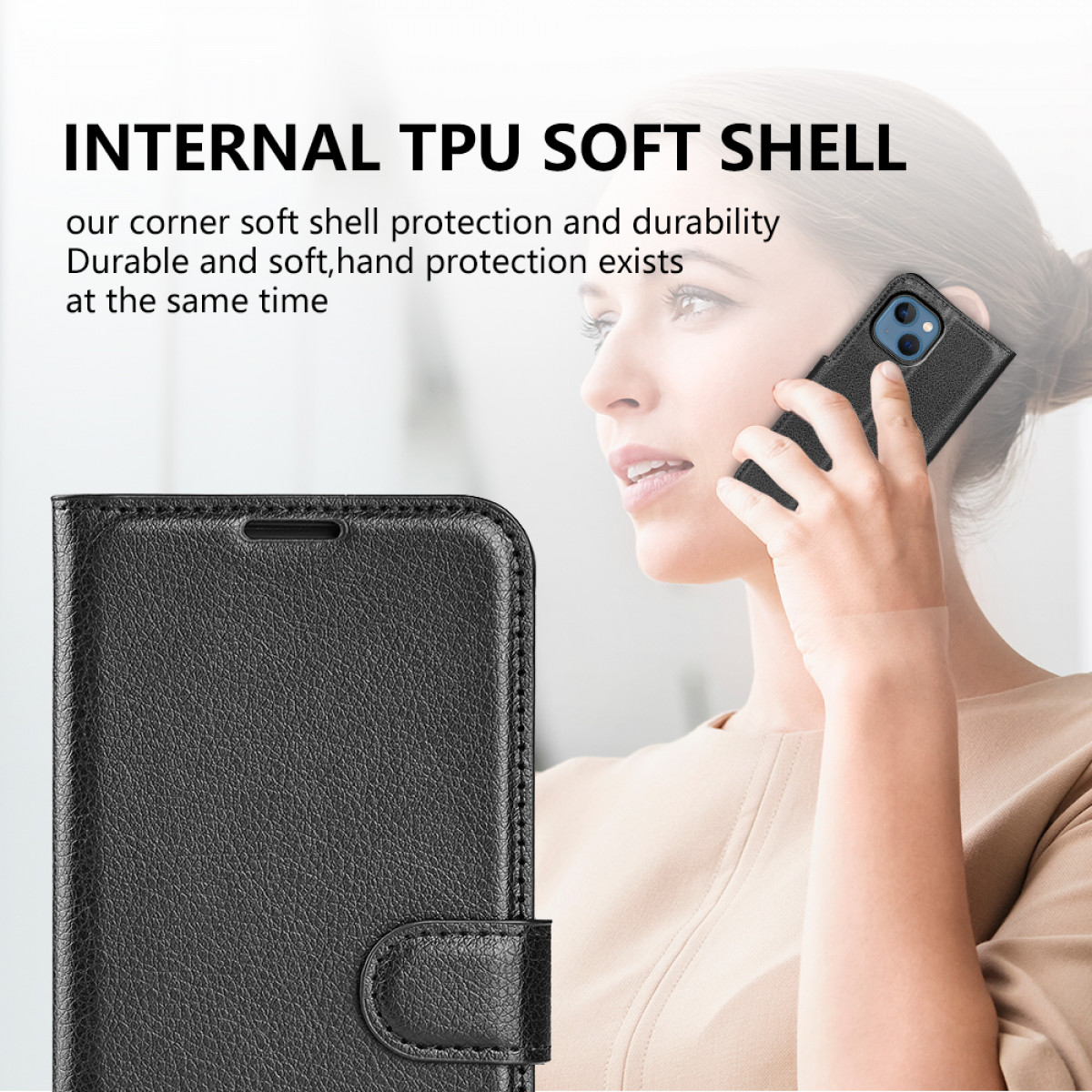 Frau hält Telefon in schwarzer Lederhülle. Text: Internal TPU soft shell.