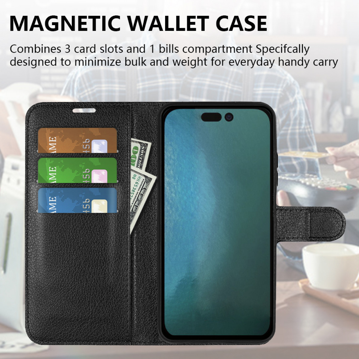 Schwarze Brieftaschen-Handyhülle mit Telefon, Kartenfächern und Geldfach. Eine Person ist im Hintergrund.