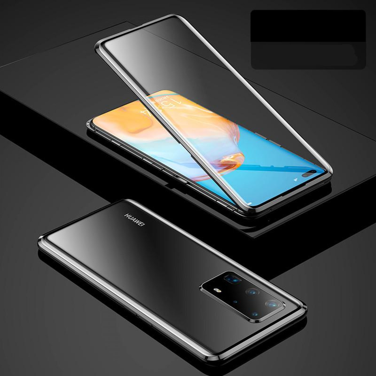 INF Huawei schwarz P40 Transparent Handyhülle P40, Cover, Full Huawei, Glas/Schwarz, magnetisch 
