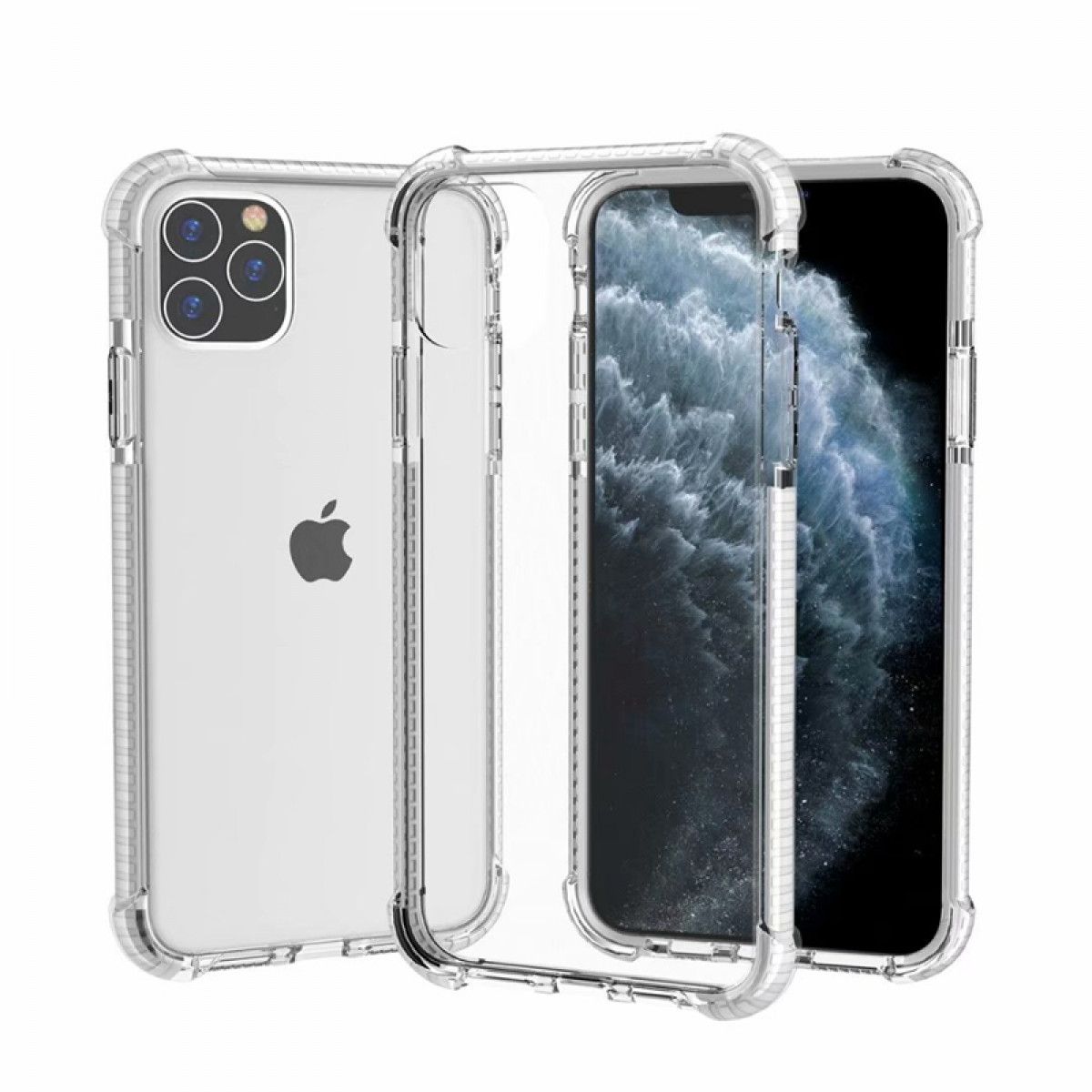 Zwei transparente Handyhüllen, eine offen. Das Telefon im Inneren hat 3 Kameras und ein Apple-Logo.
