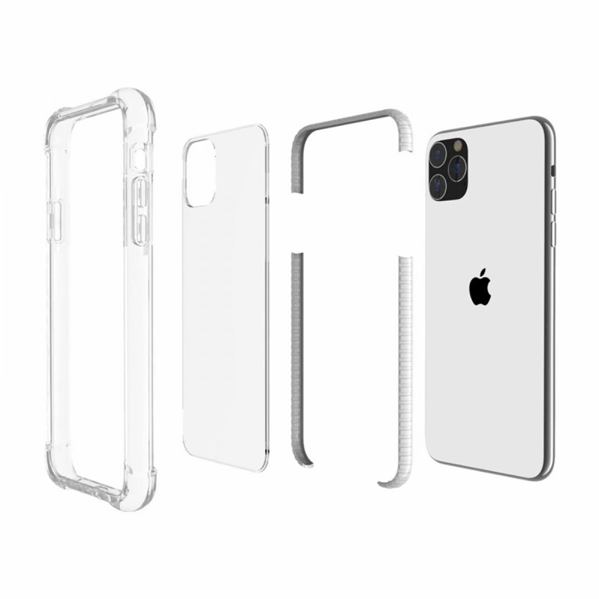 Handyhülle mit drei getrennten Teilen und ein iPhone mit Apple-Logo.