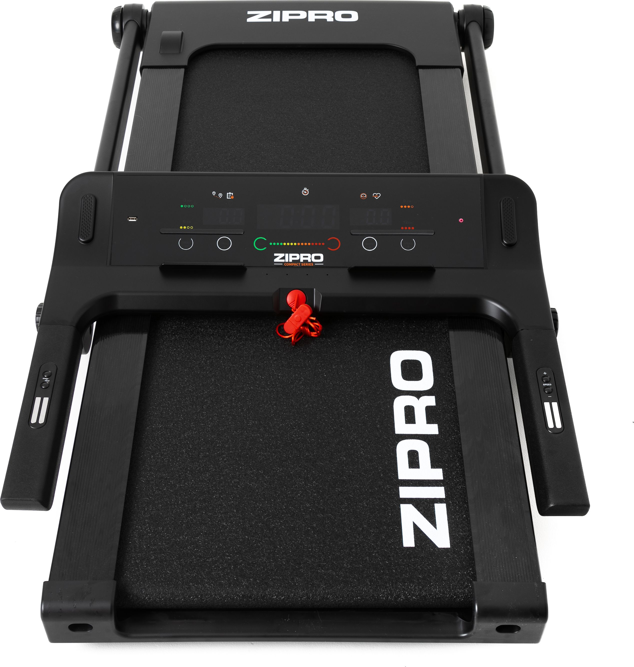 Ein schwarzes ZIPRO Laufband wird von oben gezeigt. Es hat ein Bedienfeld und der Markenname ist sichtbar.