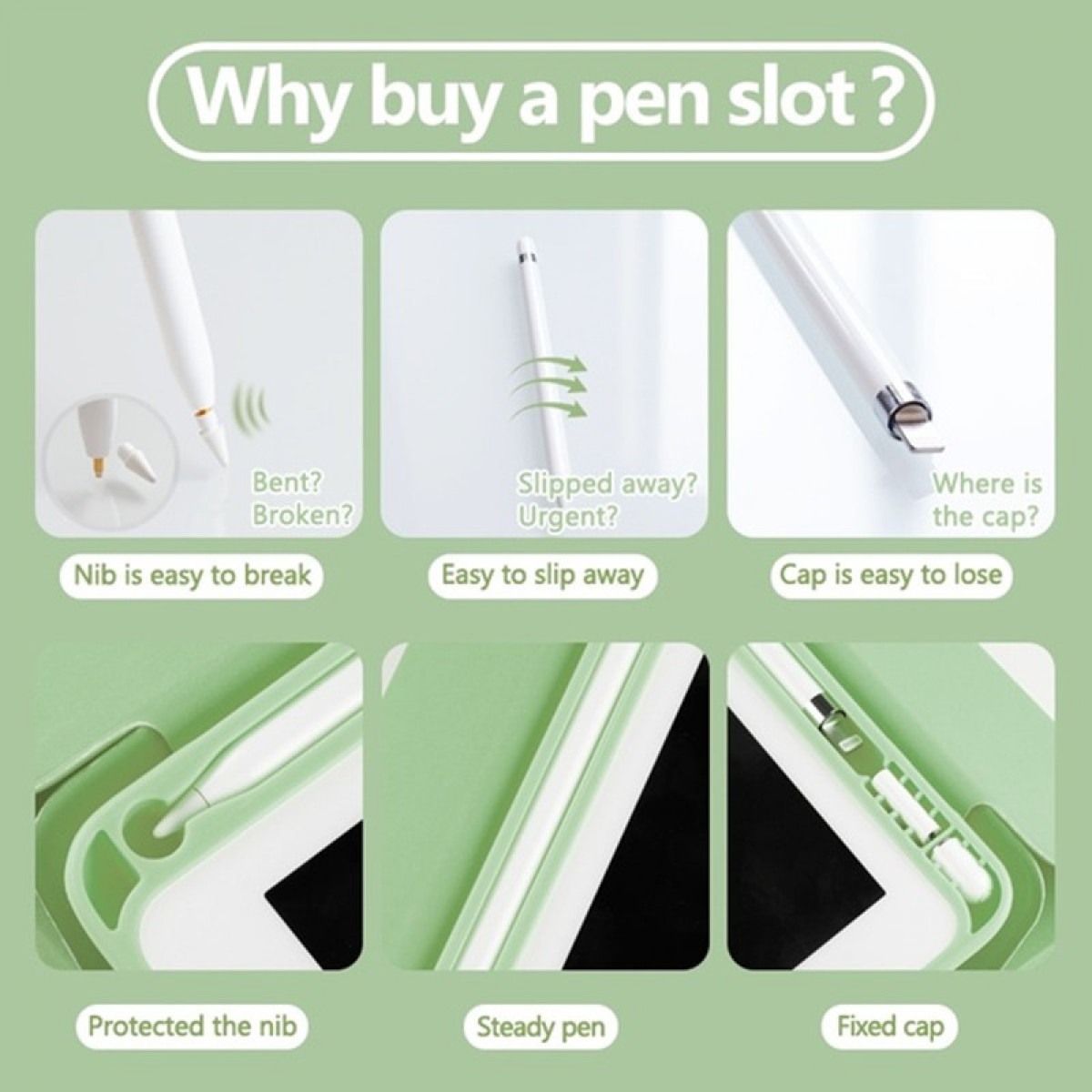 Diagramma che mostra una custodia verde per slot penna, con immagini e testo sui benefici.