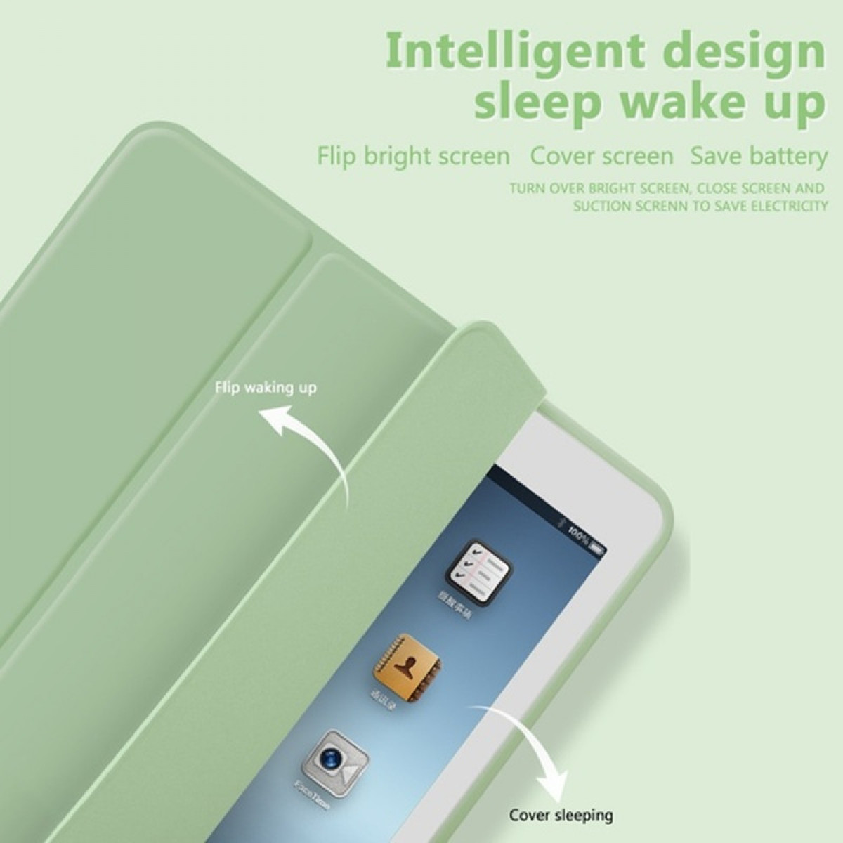 Custodia verde per tablet con testo, parzialmente aperta, che mostra lo schermo. Frecce bianche indicano 'sveglia' e 'copertura'.