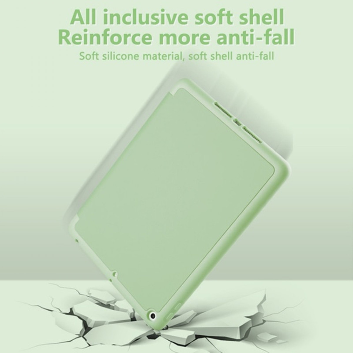 Custodia per tablet verde, leggermente inclinata, con crepe alla base, che mostra un design protettivo.