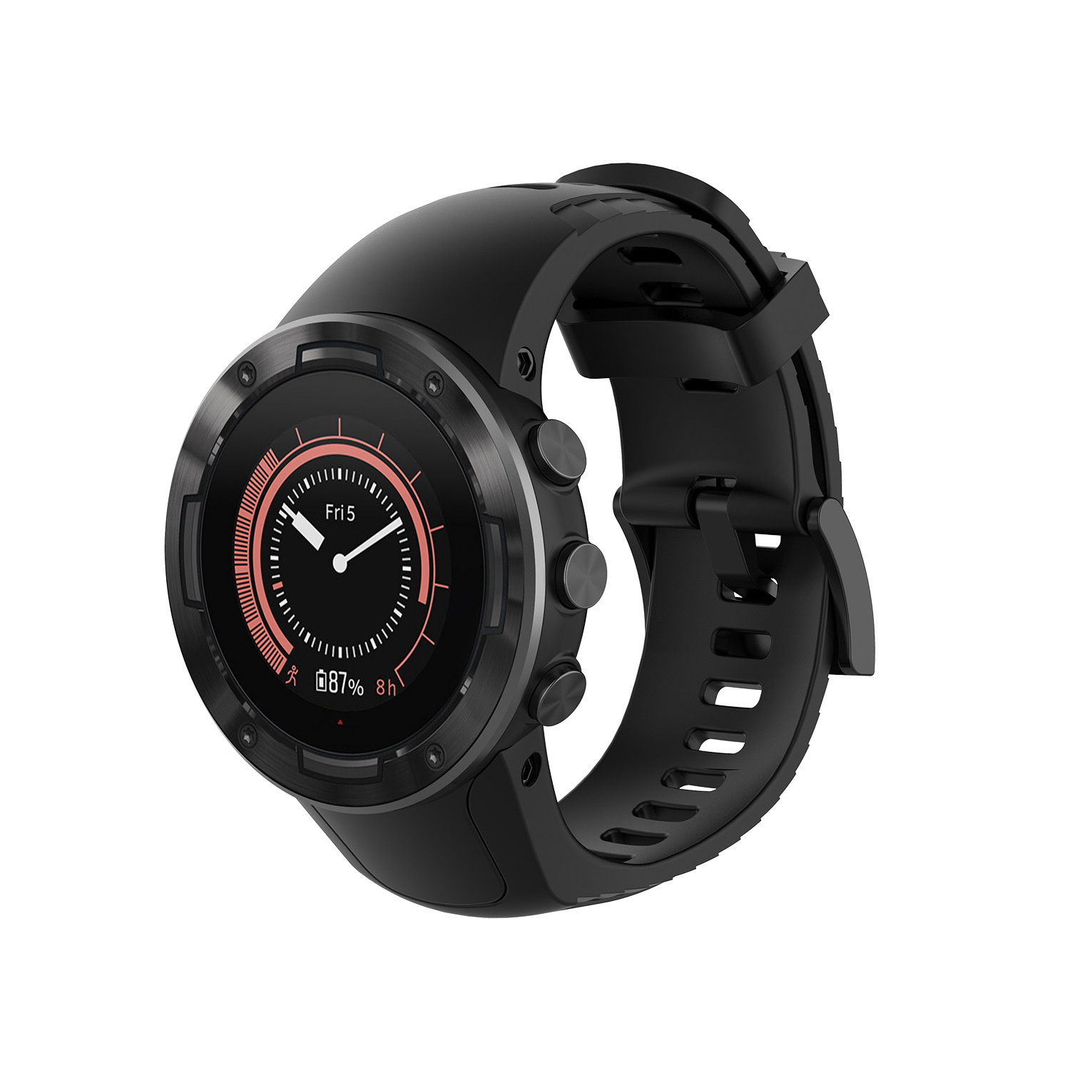 Smartwatch nero con quadrante rotondo. Visualizza ora, data e durata della batteria.