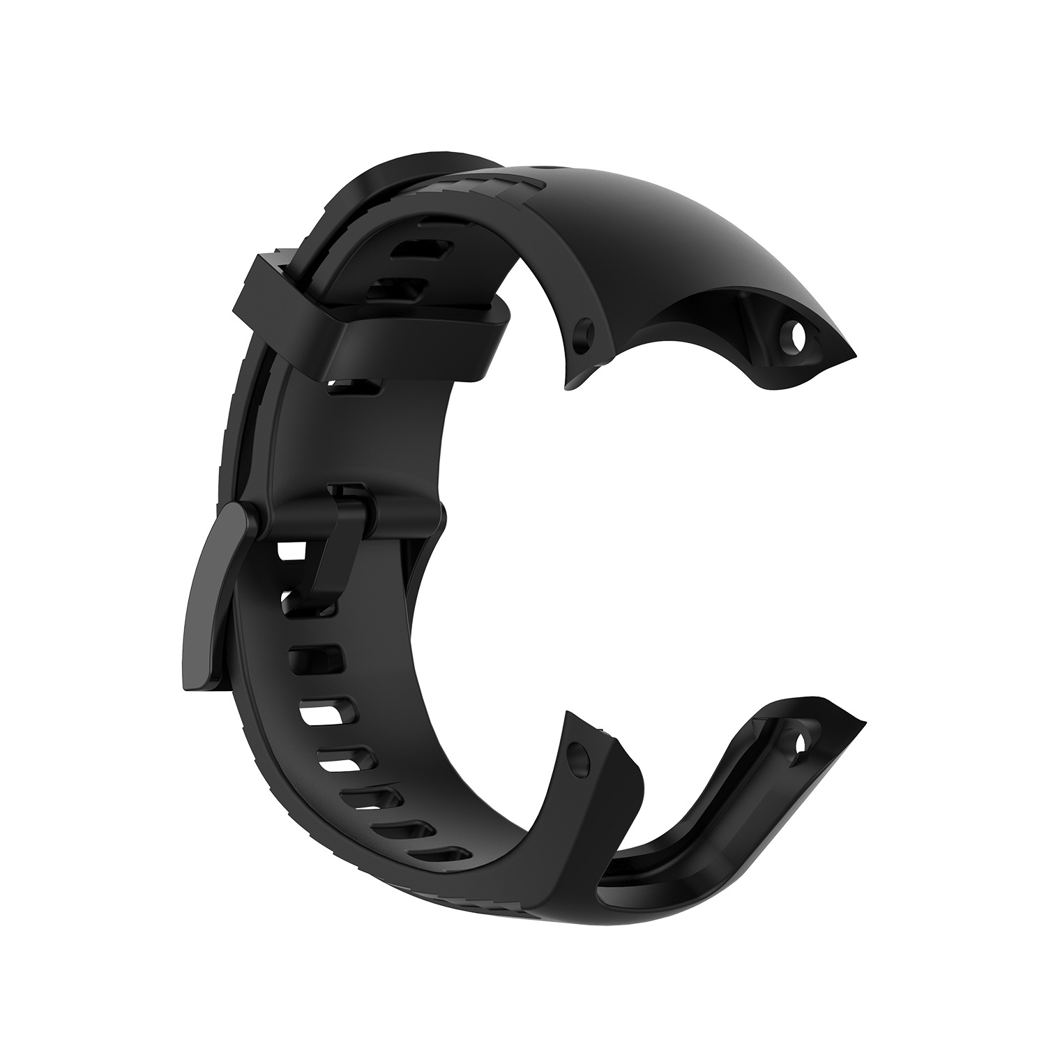 Cinturino nero per orologio. A forma di C, con fibbia e fori per il cinturino.