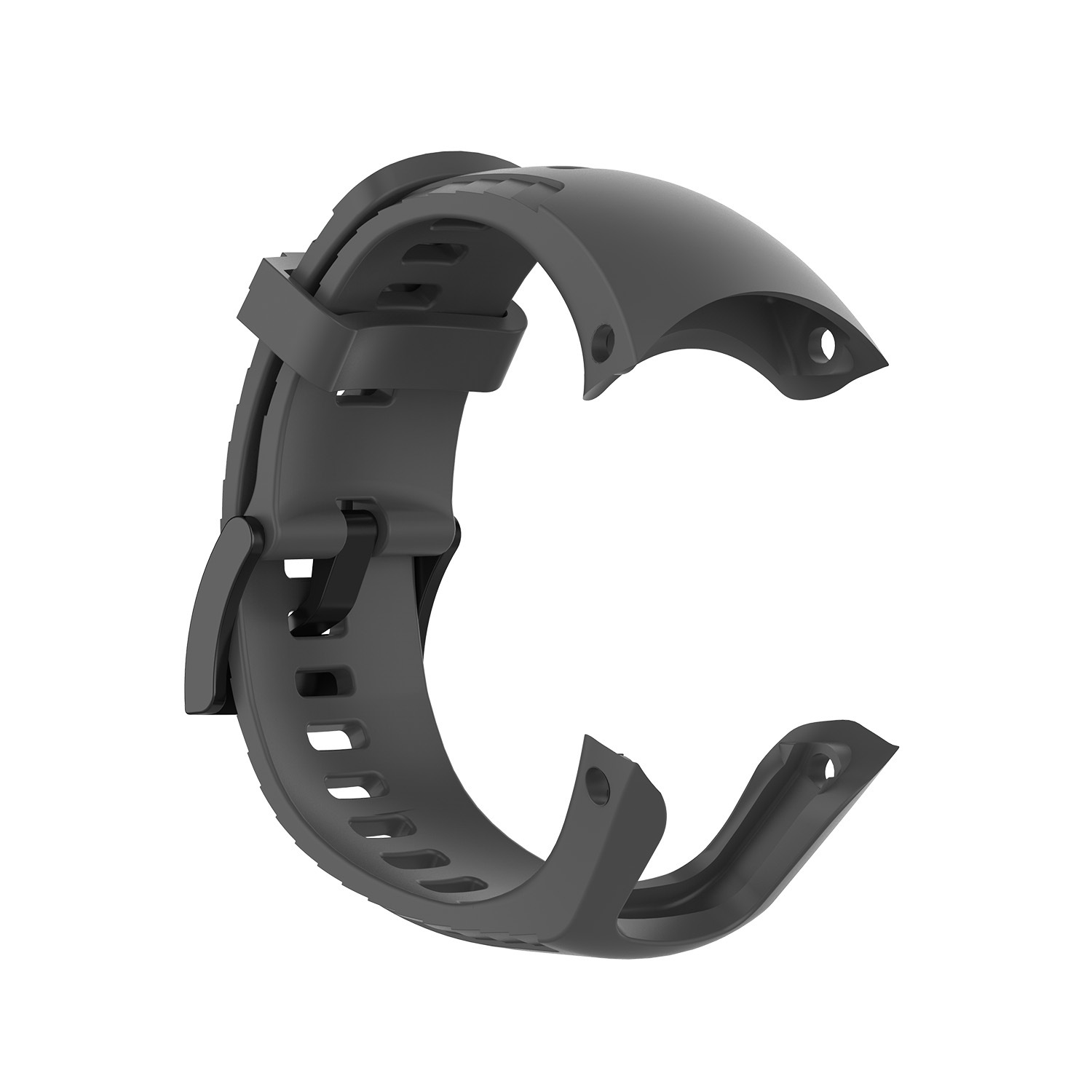 Ein schwarzes Armband, gebogen, mit Verschluss und mehreren Löchern zur Anpassung.