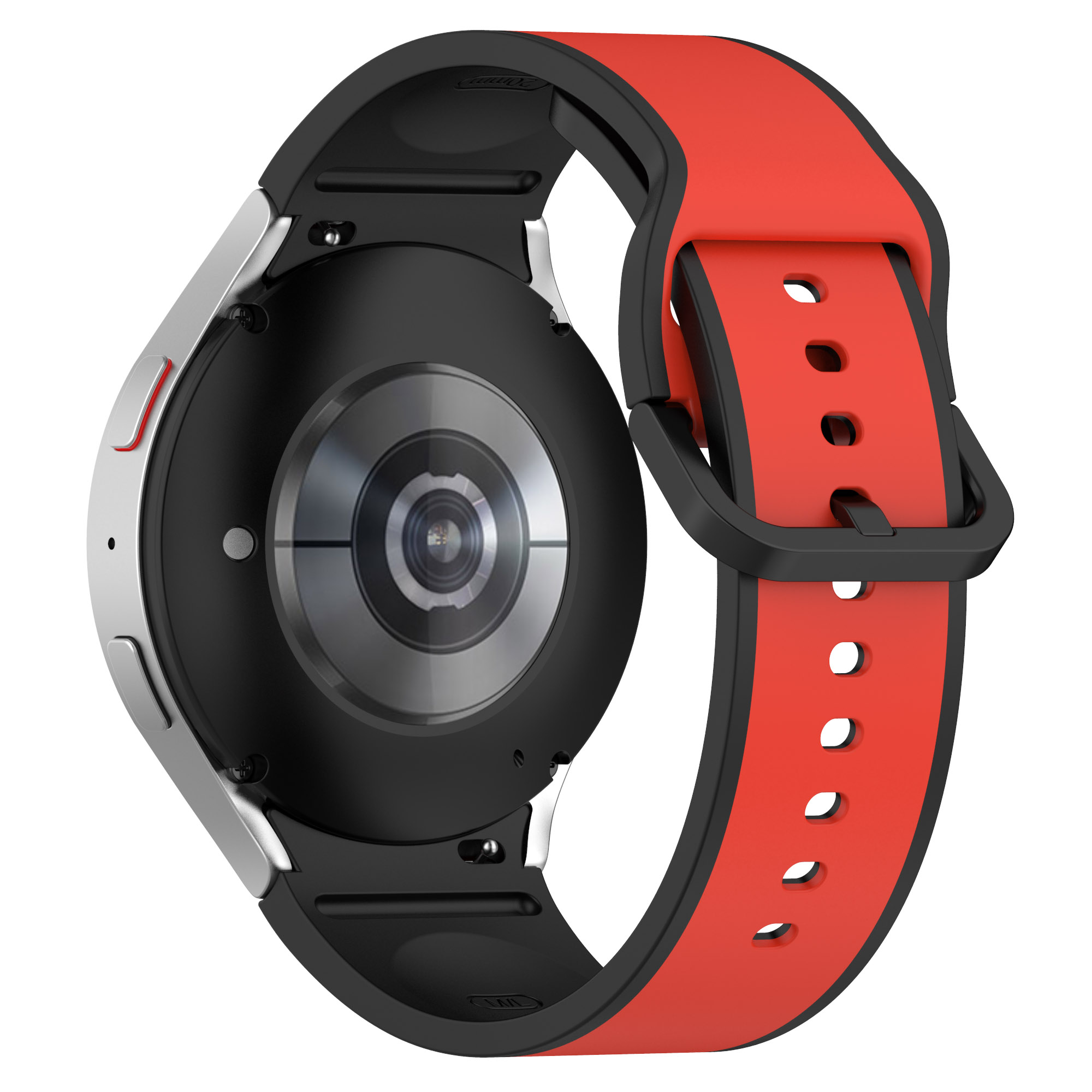 Schwarzes und rotes Armband, Unterseite und Schnalle zeigend.