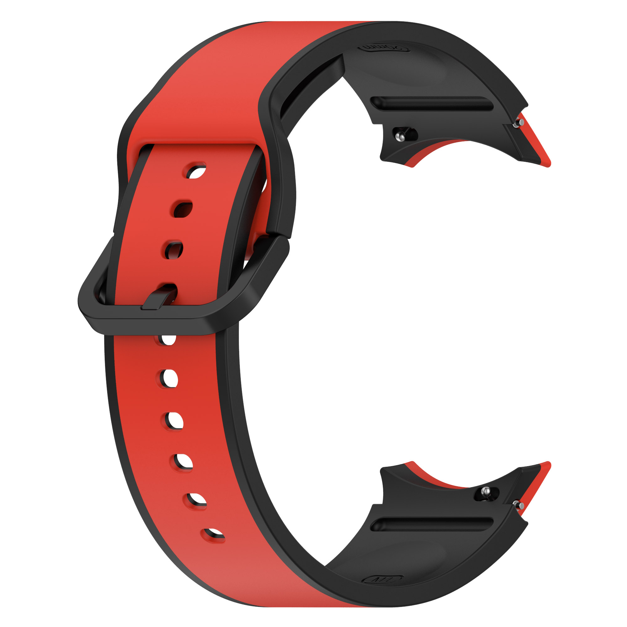 Rotes und schwarzes Uhrenarmband. Verfügt über einen Verschluss und ist für Smartwatches konzipiert. Es ist gebogen.