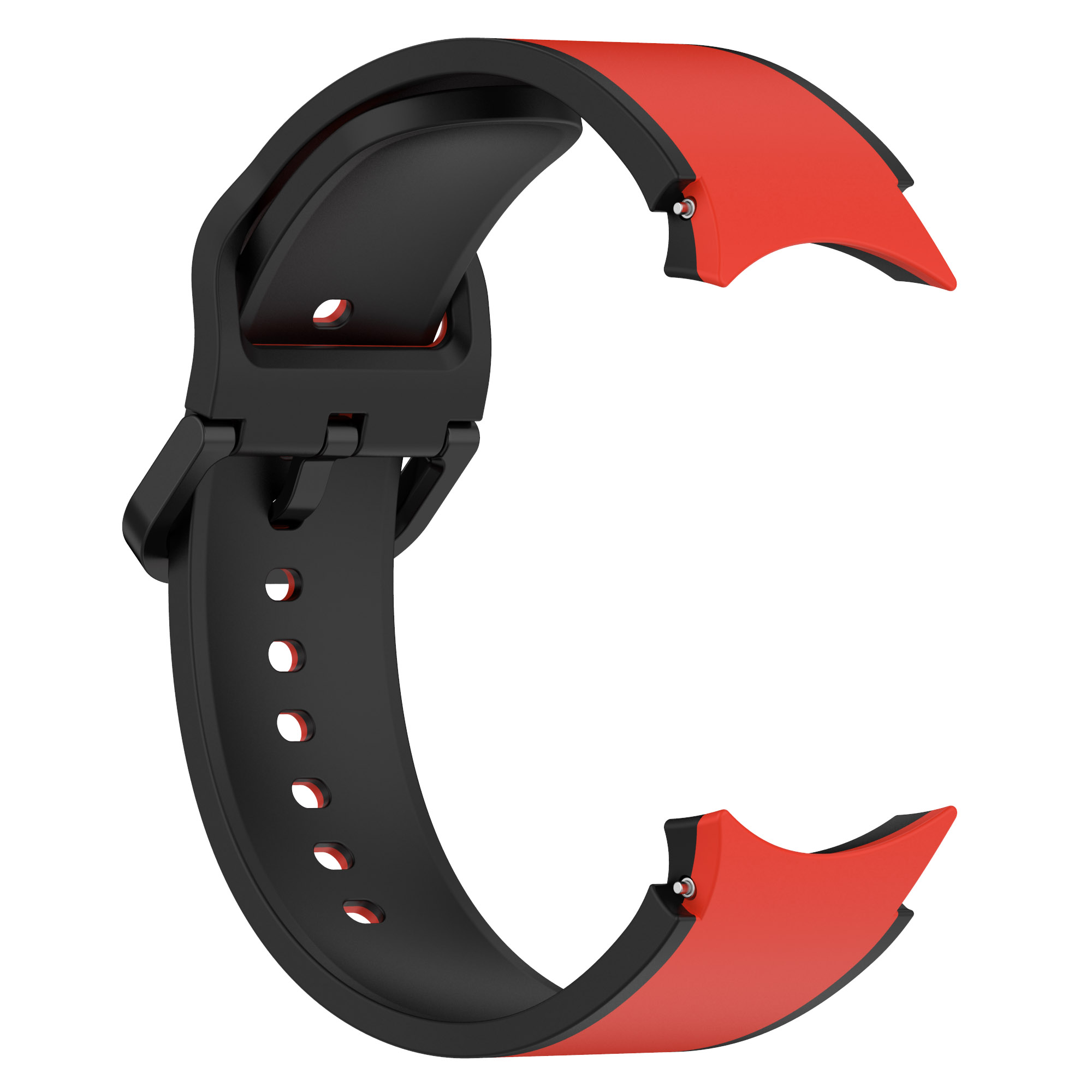 Ein schwarzes und rotes Uhrenarmband, wobei die Enden des Armbands rot sind.