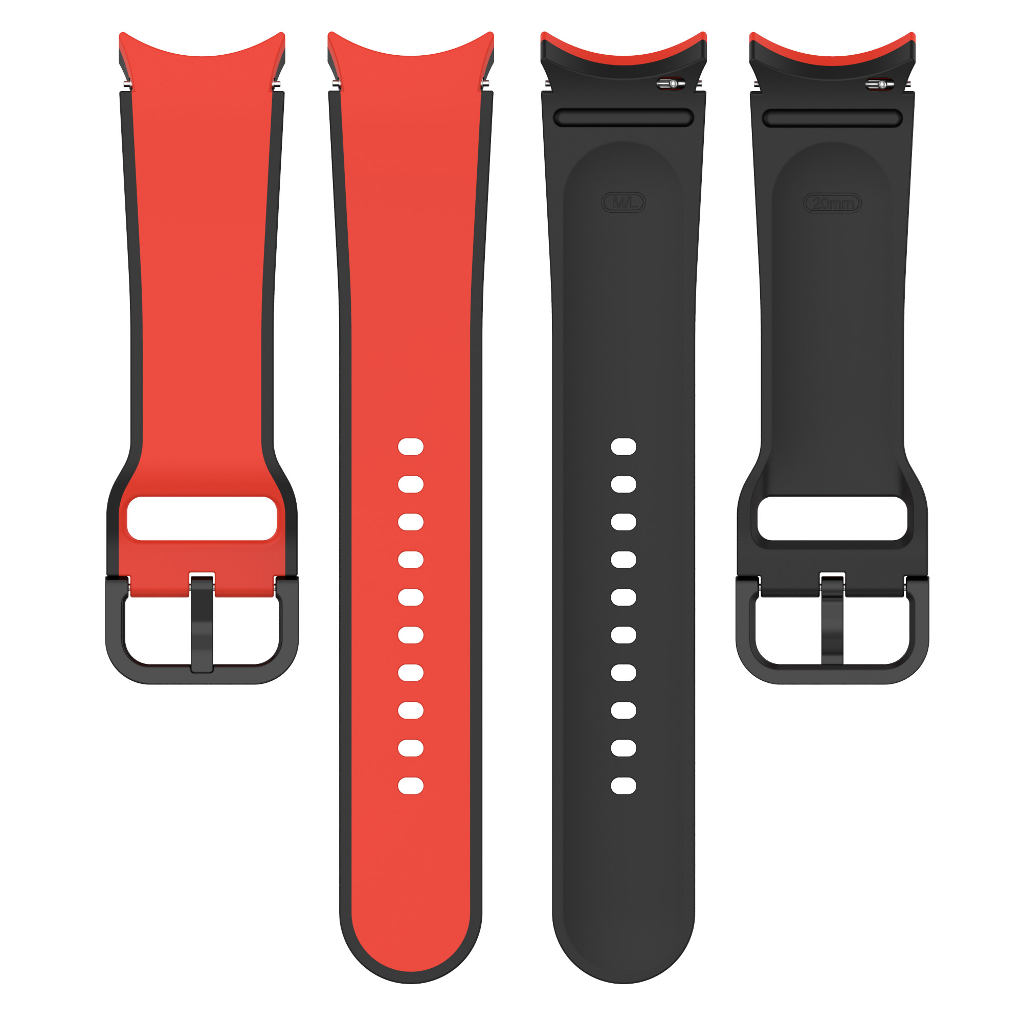 Zwei rote und zwei schwarze Uhrenarmbänder. Die roten Bänder haben schwarze Nähte und Schnallen.