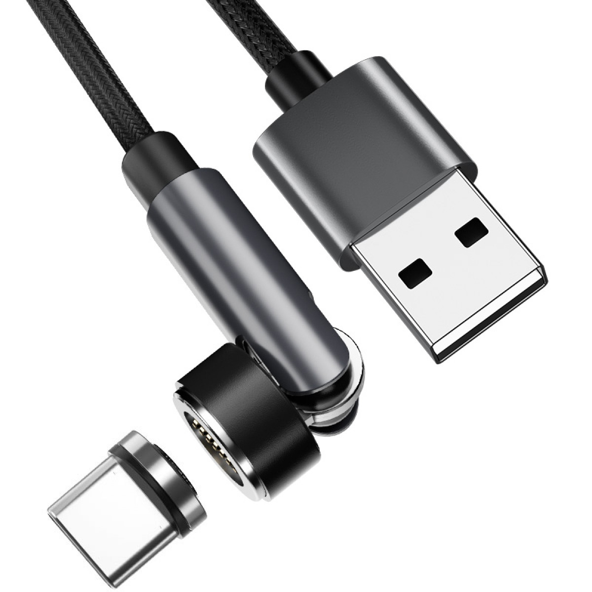 Czarny i srebrny kabel USB z USB-C i adapterem magnetycznym. Białe tło.