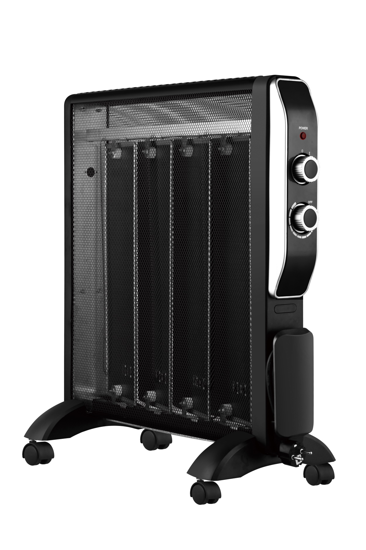Schwarze elektrische Heizung mit Gitterfront, Bedienelementen und Rädern. Schwarze und silberne Akzente.