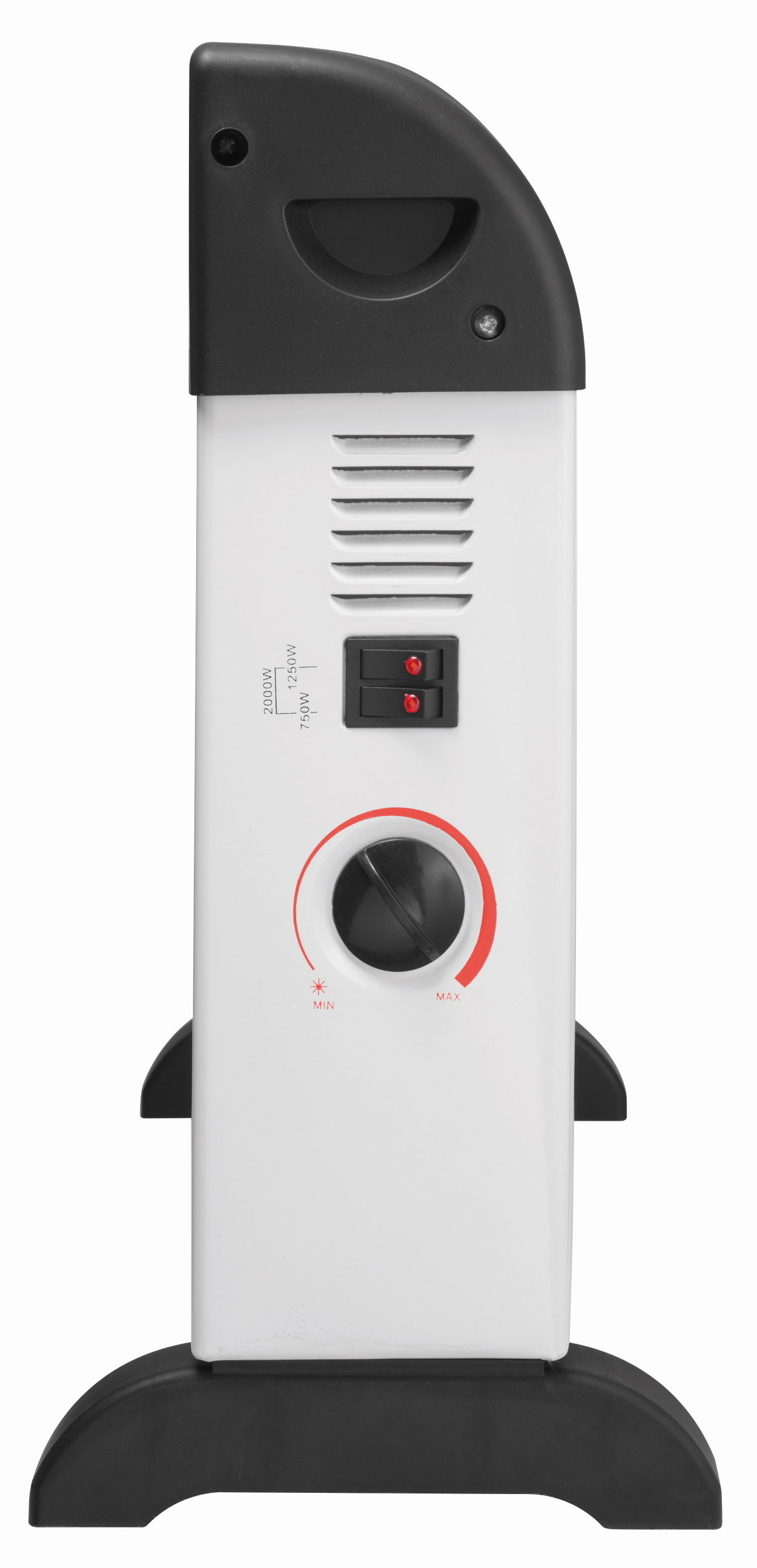 Weißer elektrischer Heizlüfter mit schwarzen Akzenten, hat einen Drehregler und Schalter. Seitenansicht.