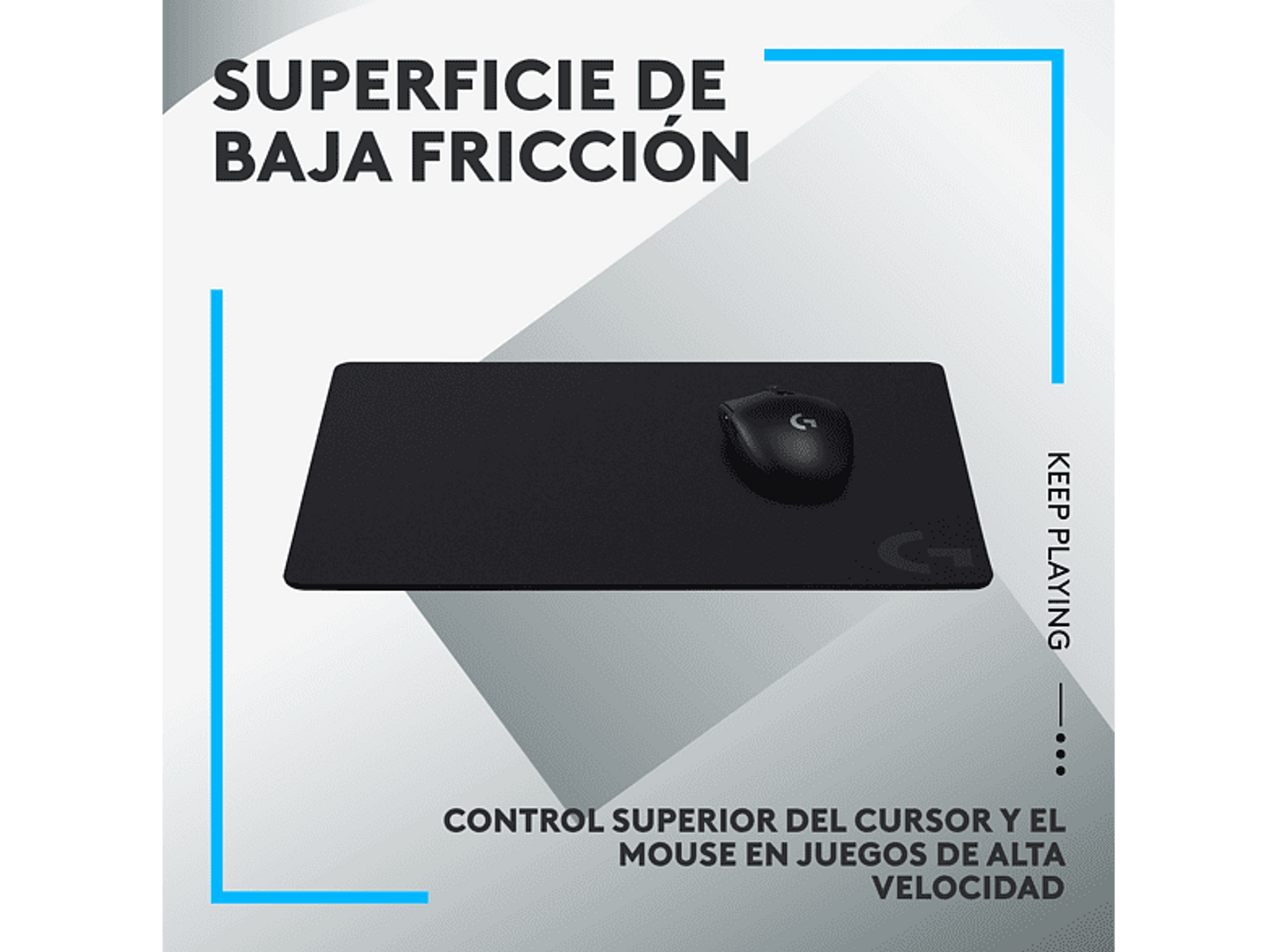 Czarna podkładka pod mysz z czarną myszą. Tekst: Doskonała kontrola kursora w grach o dużej prędkości.