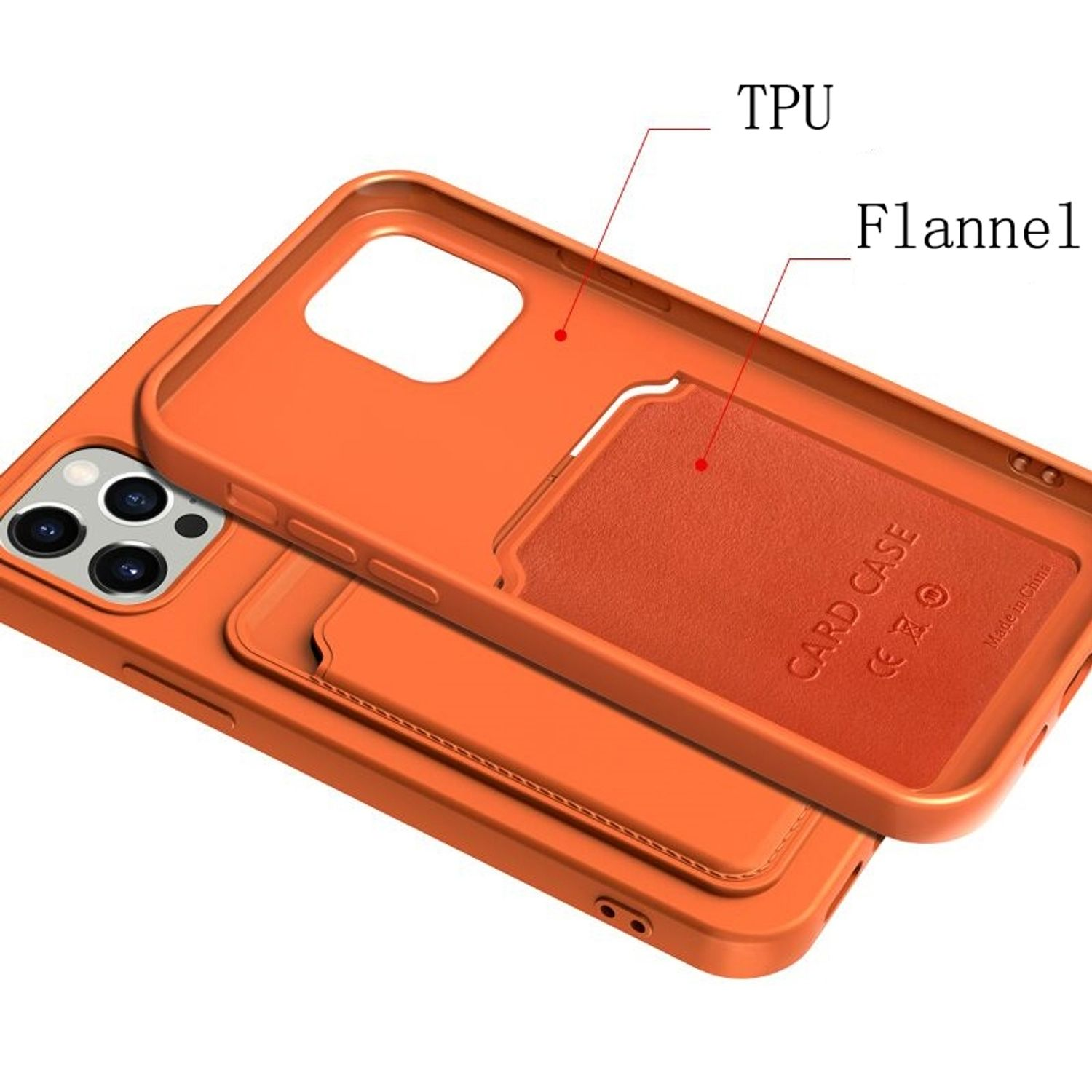 Orangefarbene Handyhülle mit Kartenhalter, Innendetails. TPU und Flanell.