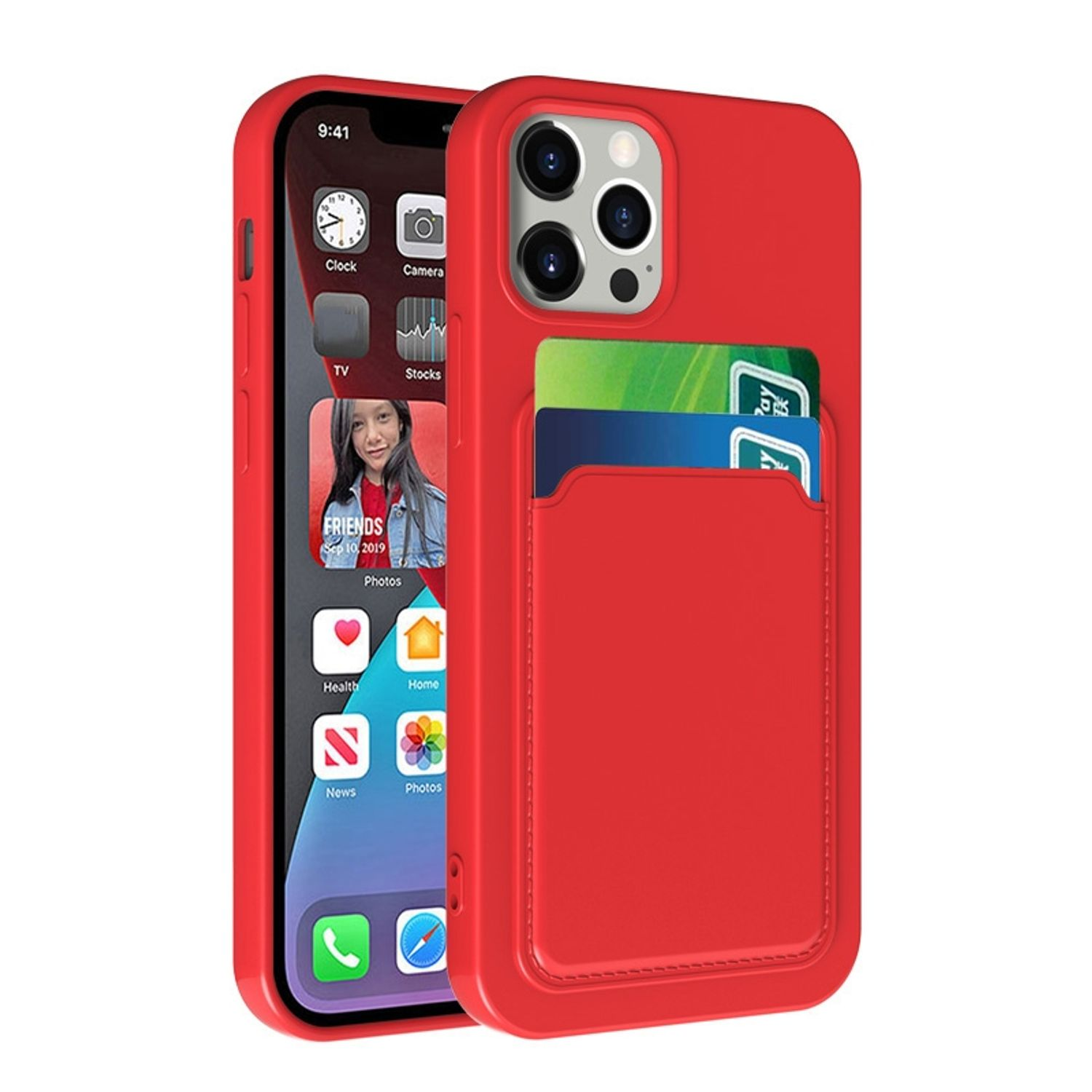 Rote Handyhülle mit Kartenhalter. Das Telefon zeigt einen Bildschirm mit Foto und Apps.