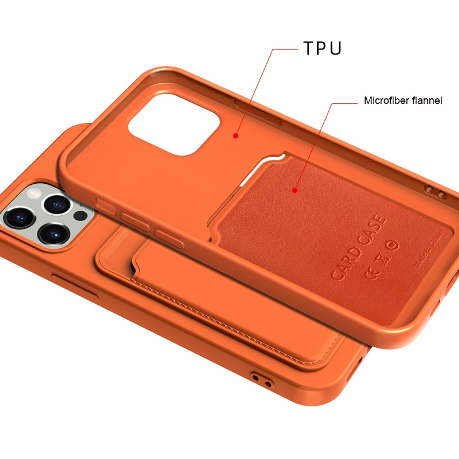 Orangenes Handyhüllen-Innenteil, zeigt TPU und Mikrofaser-Flanell, mit Kartenfach-Detail und Beschriftungen.