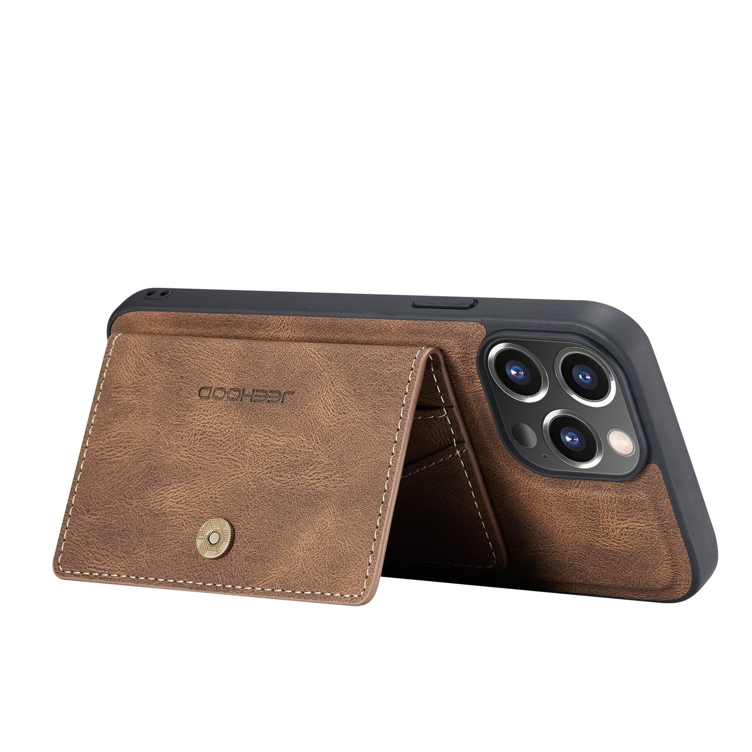 Eine braune Handyhülle mit Kartenhalter und Knopf, mit einem Telefon darin.