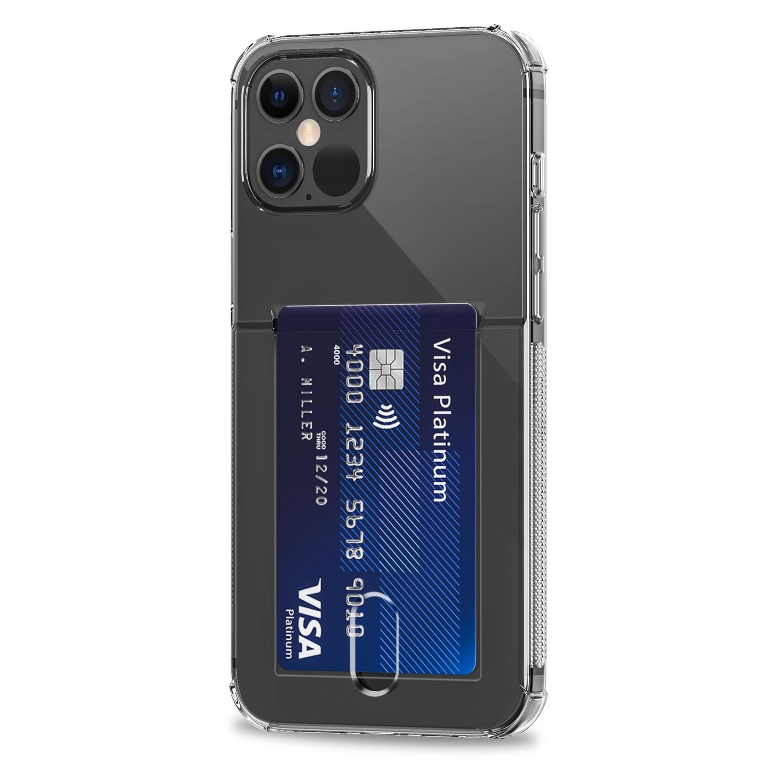 Transparente Handyhülle mit Kartenfach, hält eine Visa Platinum-Karte, zeigt Rückseite des Telefons und Karte.