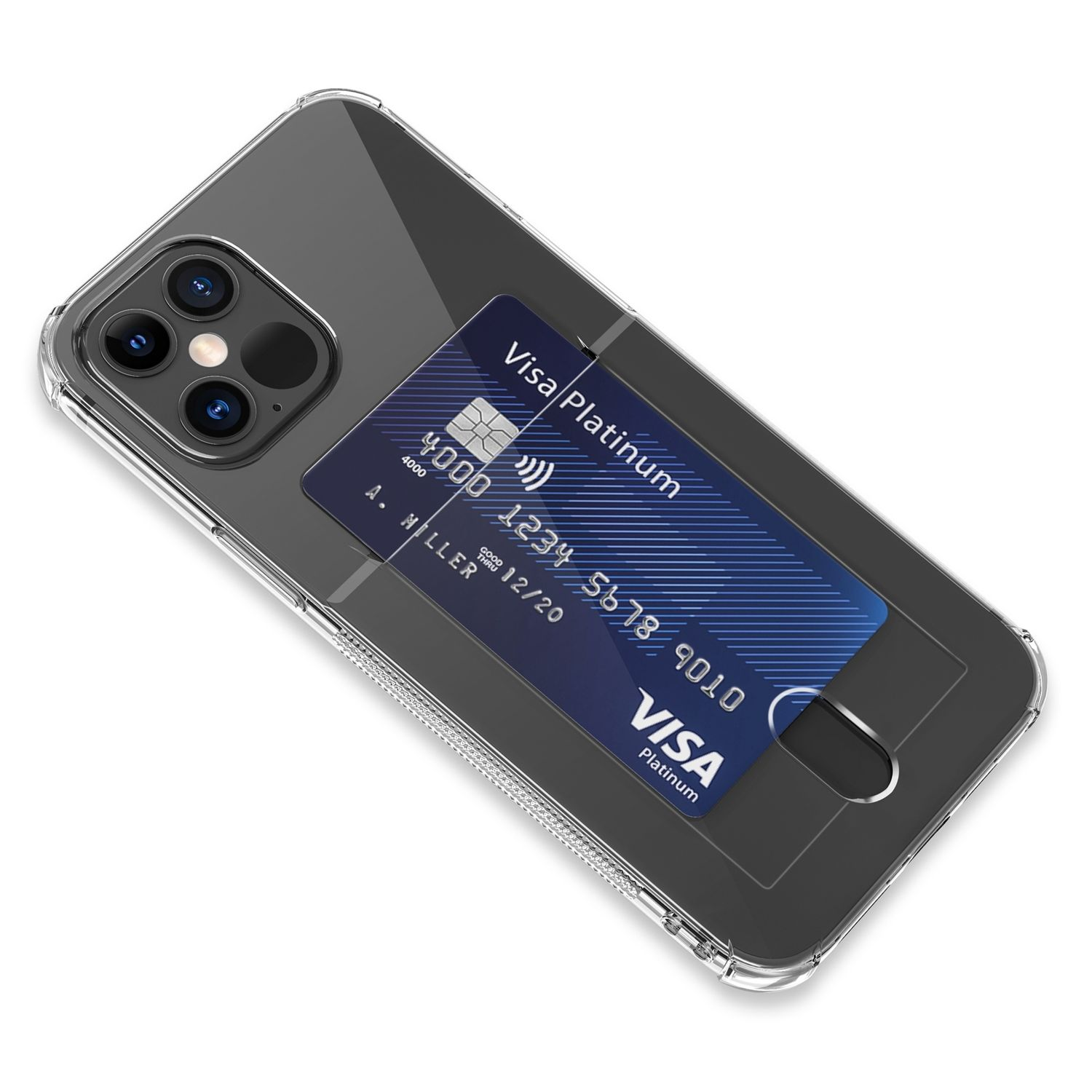 Eine transparente Handyhülle mit einer Visa Platinum Kreditkarte, vor weißem Hintergrund.