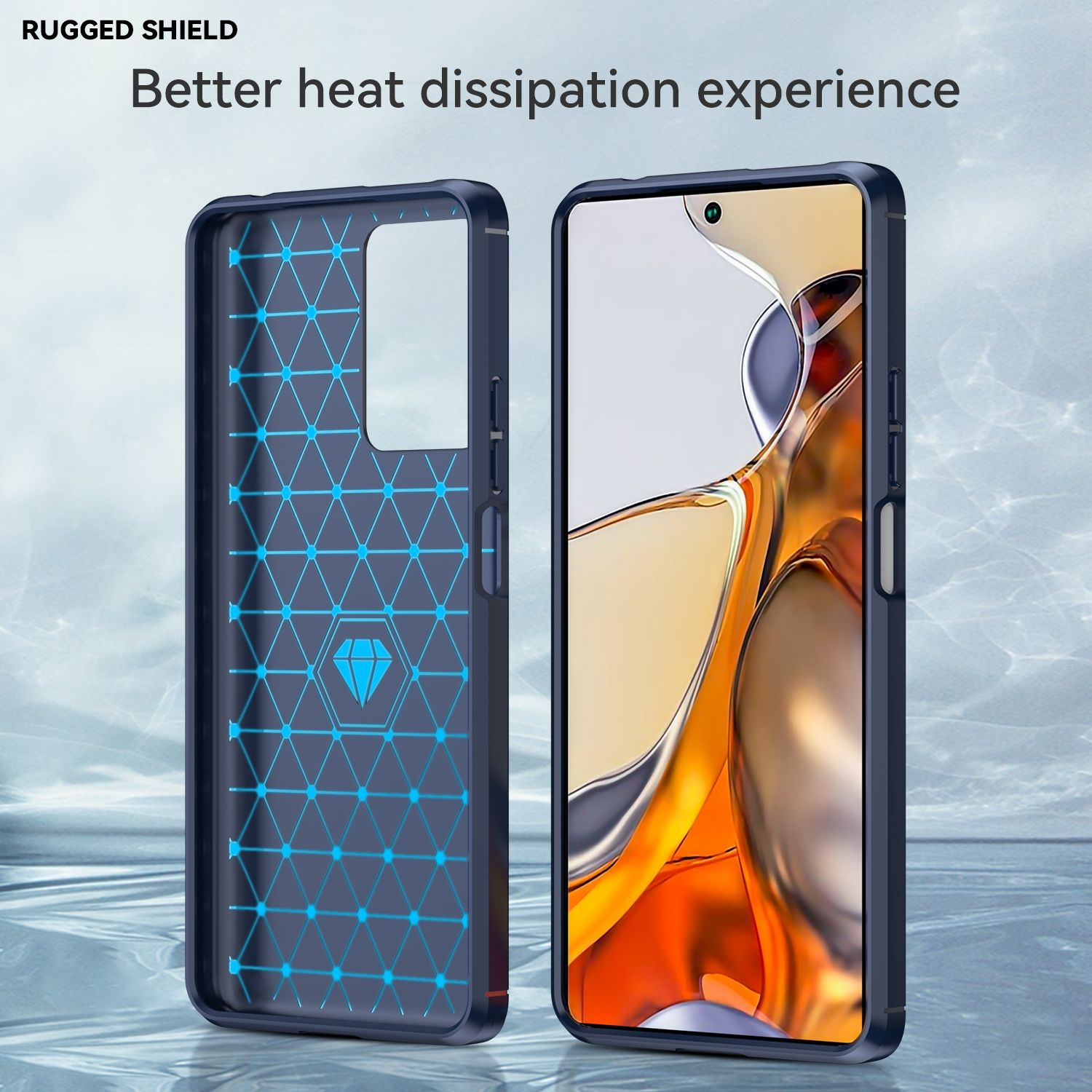 Zwei Handyhüllen und ein Telefon. Das Telefon hat einen Bildschirm und die Hüllen ein geometrisches Design.