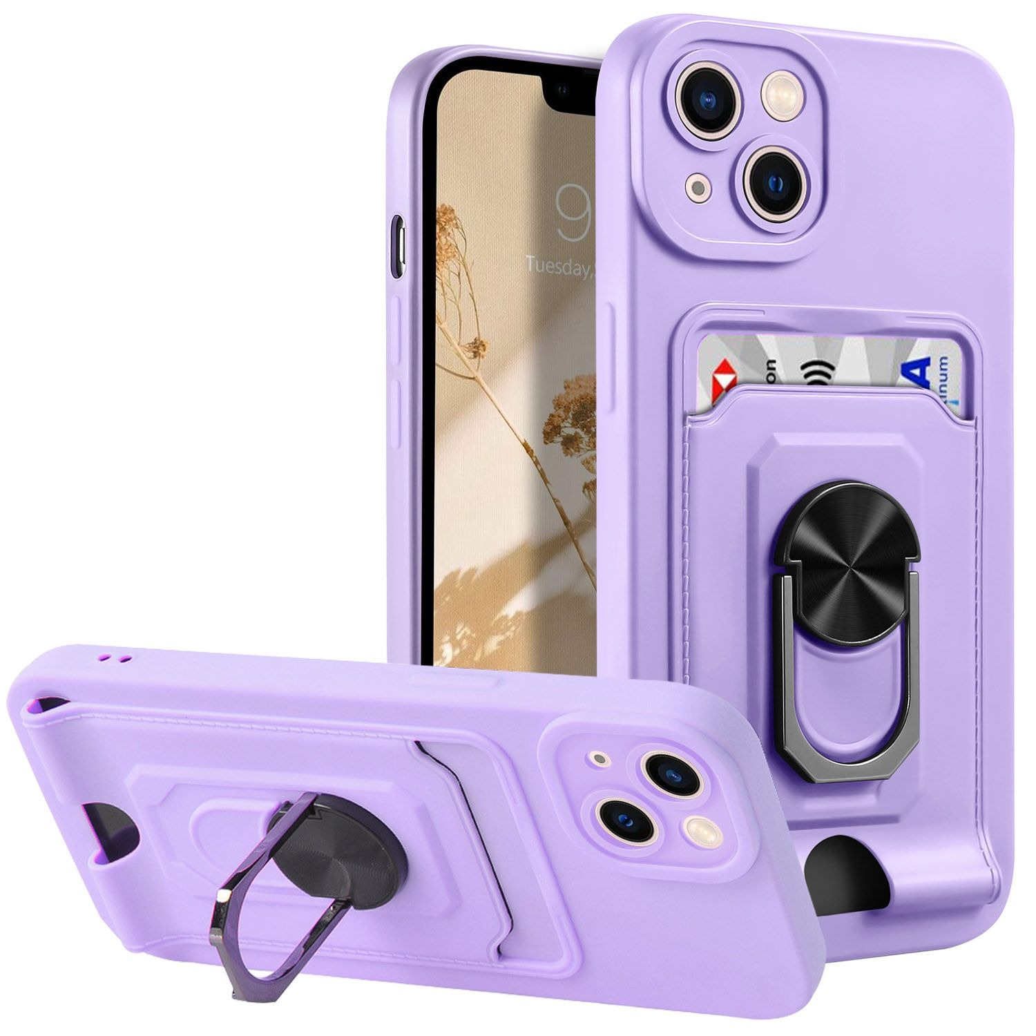 Lila Handyhülle mit Kartenhalter und Ringhalter, mit Telefon darin, auf weißem Hintergrund.
