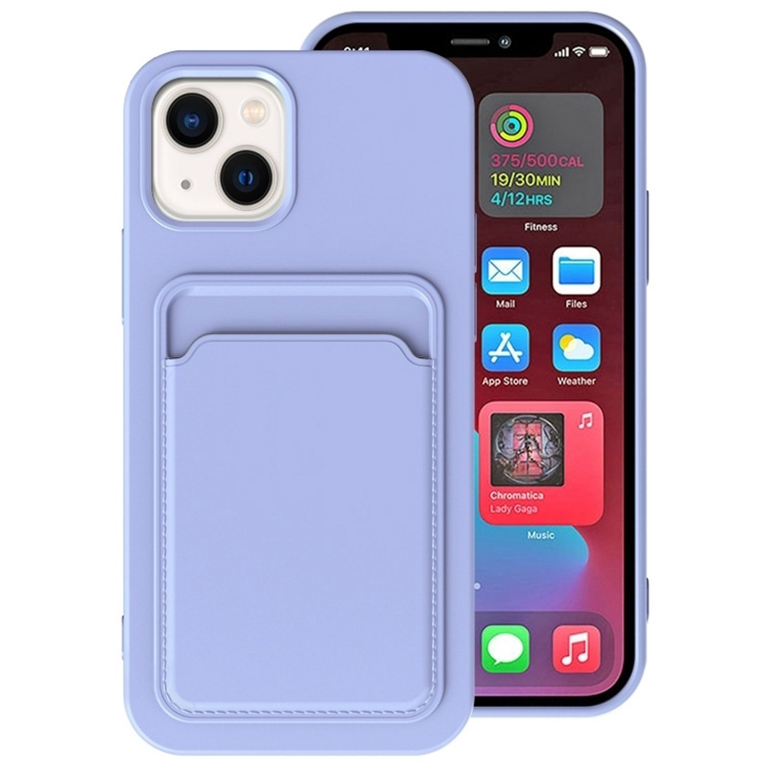 Lila Handyhülle mit Kartenfach, Telefon sichtbar, App-Symbole auf dem Bildschirm.