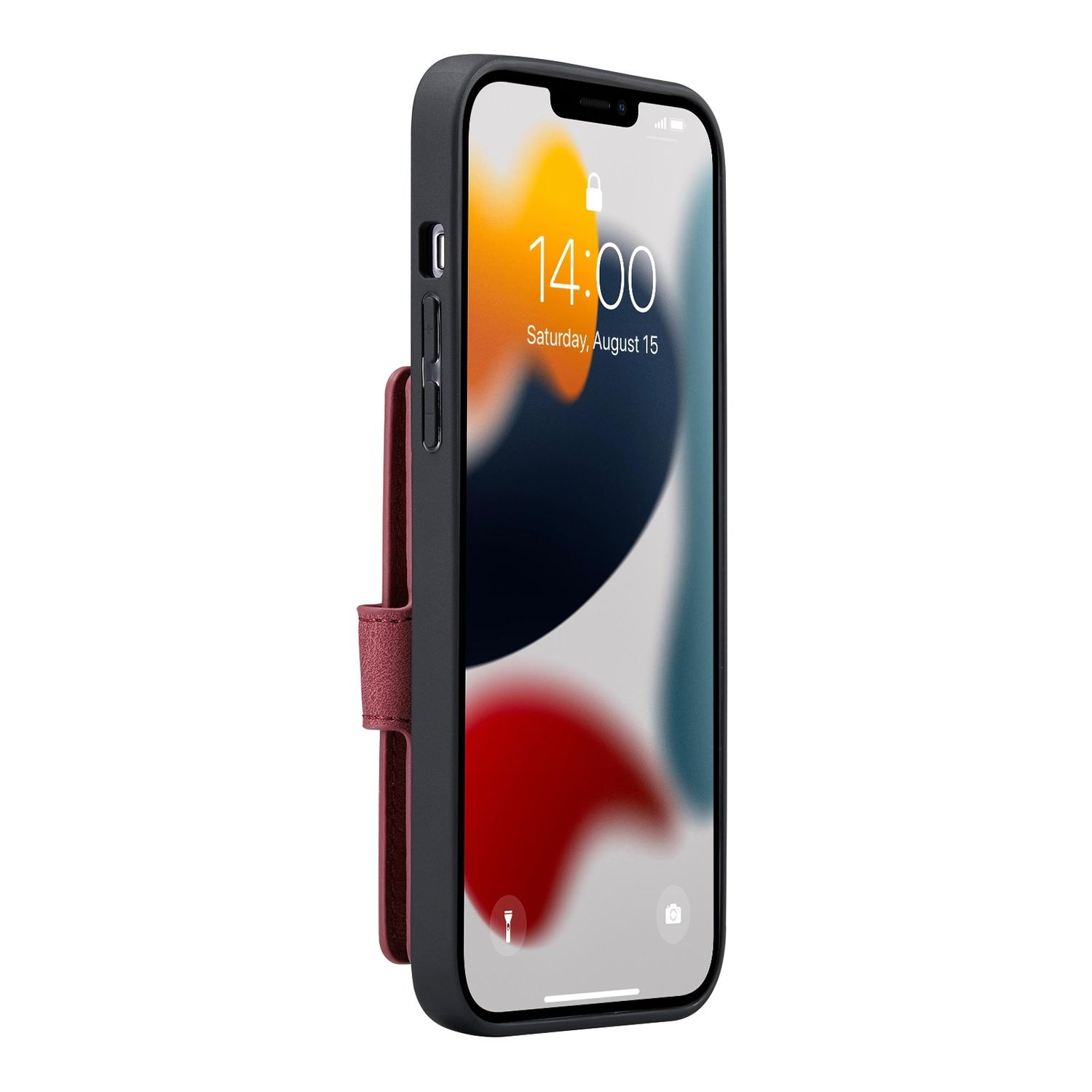 Schwarzes Telefon mit einer weinroten Brieftasche. Der Bildschirm zeigt die Uhrzeit und einen bunten Hintergrund.